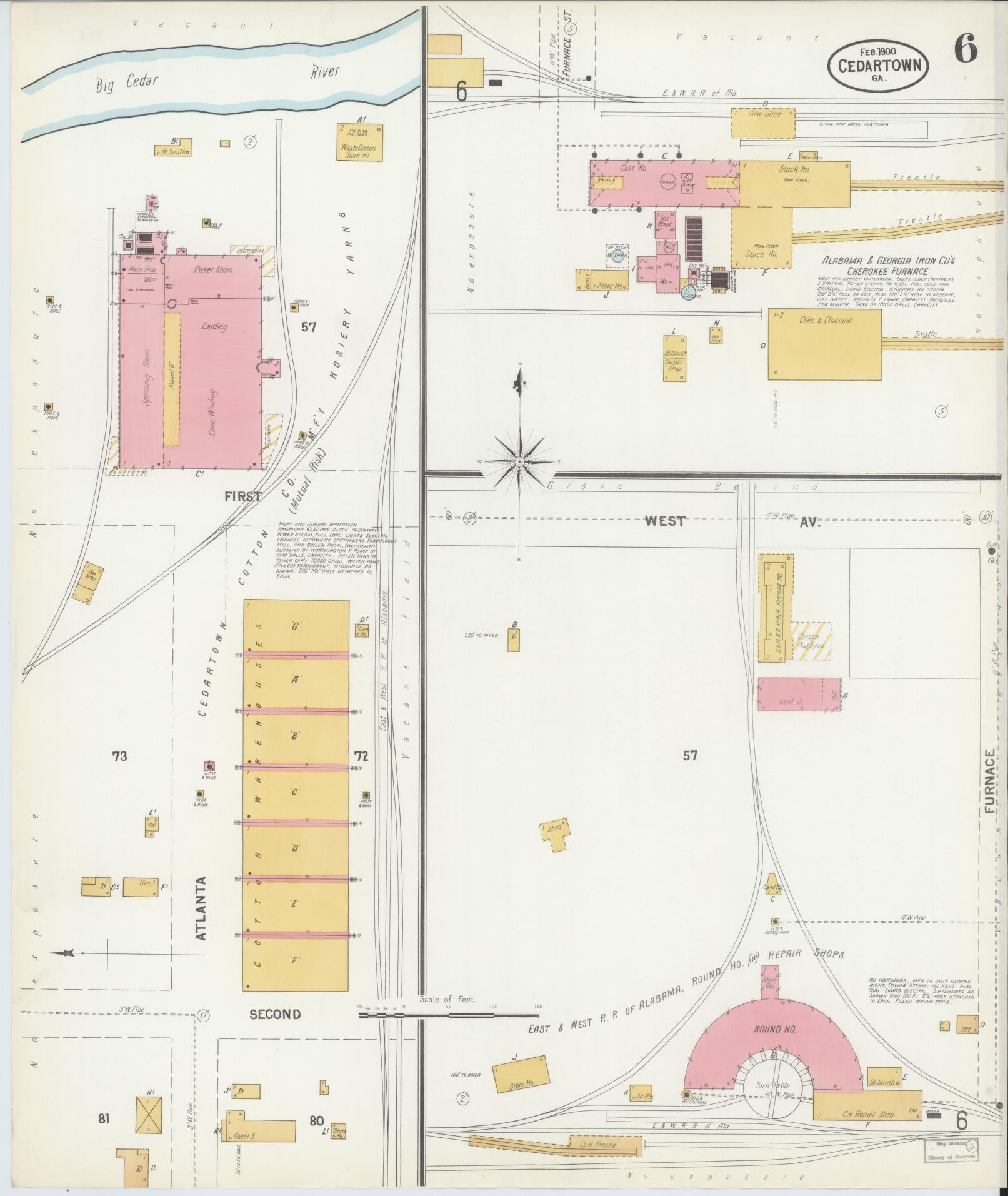 Sanborn Fire Insurance Map from Cedartown, Polk County, Georgia (1900), Sheet #0006 - Historic Sanborn Fire Insurance Map Print, vintage old map wall art, antique decor, genealogy gift, Georgia Georgia map