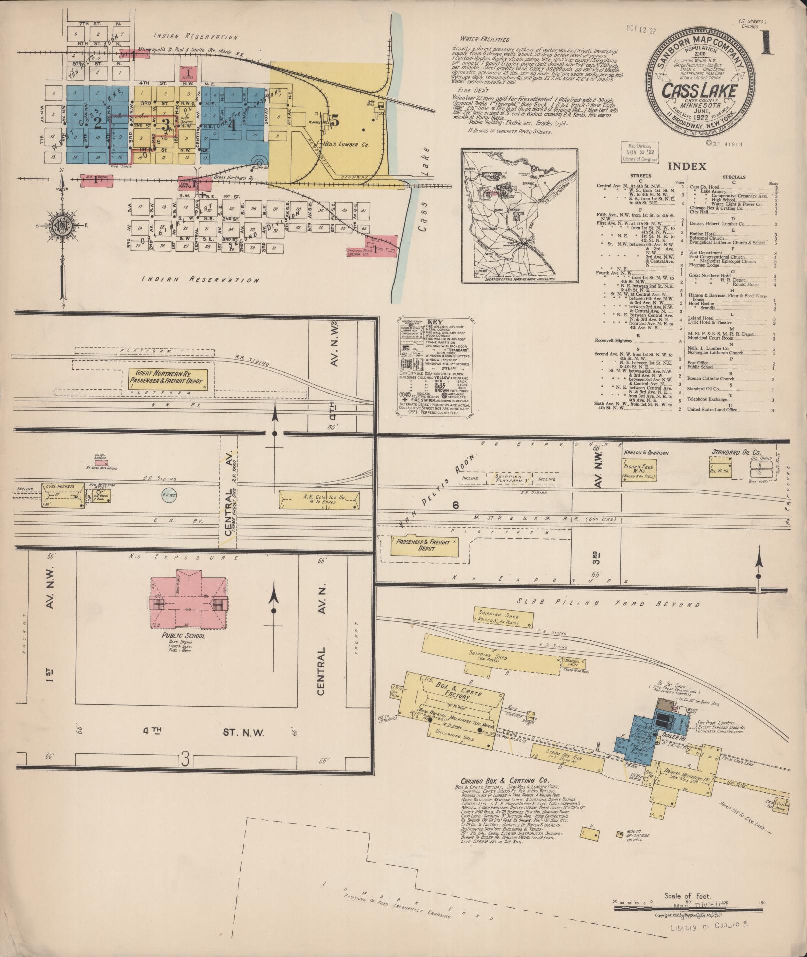 Sanborn Fire Insurance Map from Cass Lake, Cass County, Minnesota (1922), Sheet #0001 - Complete Map Set gallery image, historic Sanborn map, vintage wall art, Minnesota Minnesota
