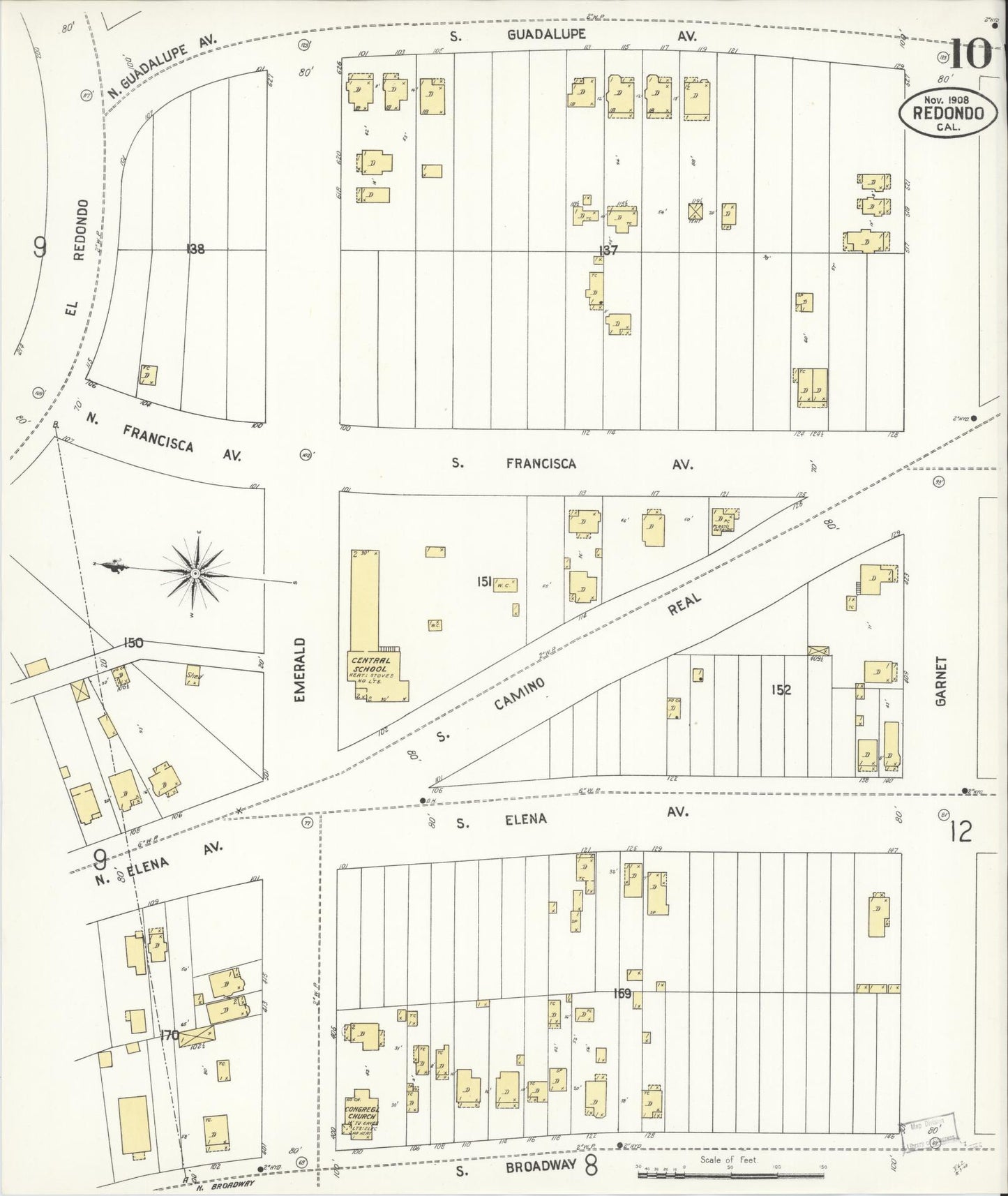Sanborn Fire Insurance Map from Redondo Beach, Los Angeles County, California (1908), Sheet #0010 - Complete Map Set gallery image, historic Sanborn map, vintage wall art, California California