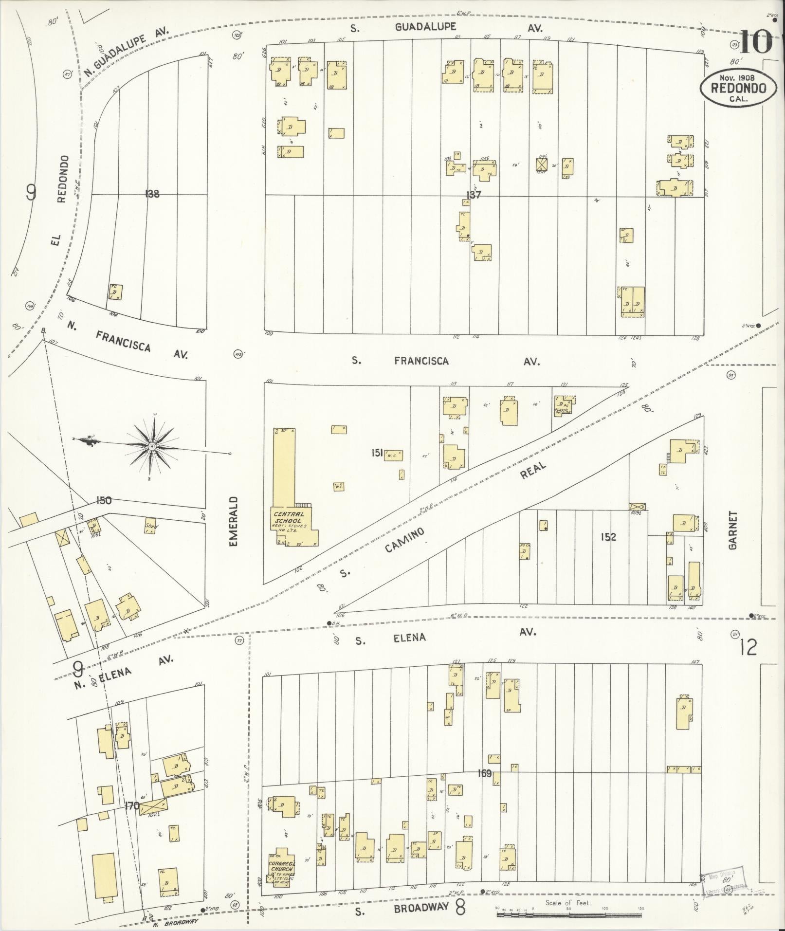 Sanborn Fire Insurance Map from Redondo Beach, Los Angeles County, California (1908), Sheet #0010 - Complete Map Set gallery image, historic Sanborn map, vintage wall art, California California