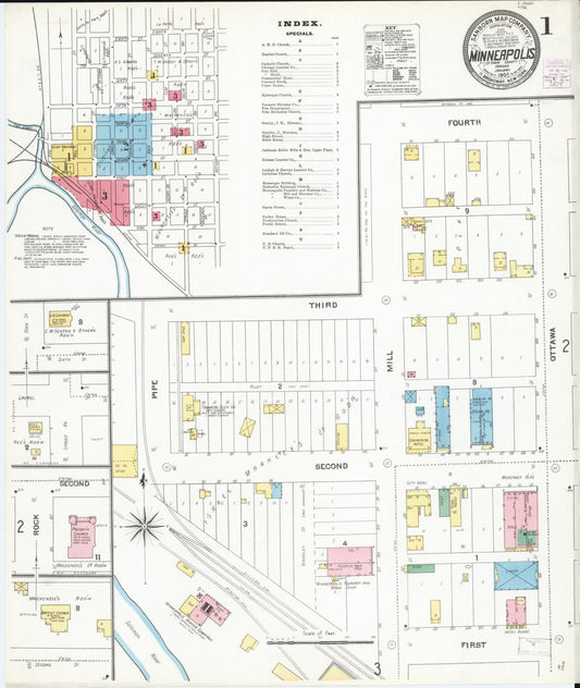 Sanborn Fire Insurance Map from Minneapolis, Ottawa  County, Kansas (1905), Sheet #0001 - Historic Sanborn Fire Insurance Map Print, vintage old map wall art, antique decor, genealogy gift, Kansas Kansas map