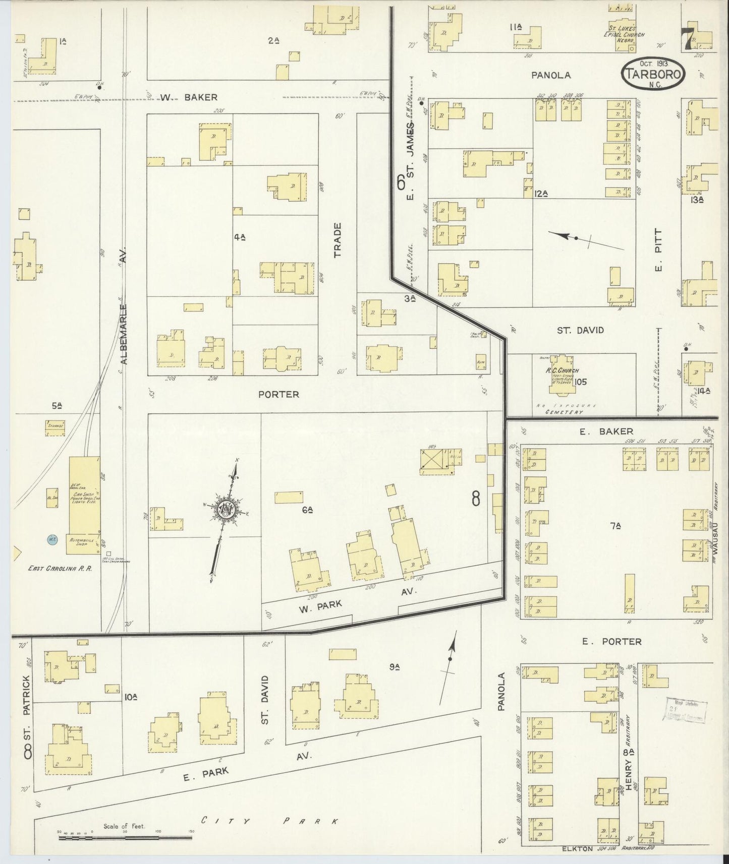 Sanborn Fire Insurance Map from Tarboro, Edgecombe County, North Carolina (1913), Sheet #0007 - Complete Map Set gallery image, historic Sanborn map, vintage wall art, North Carolina North Carolina