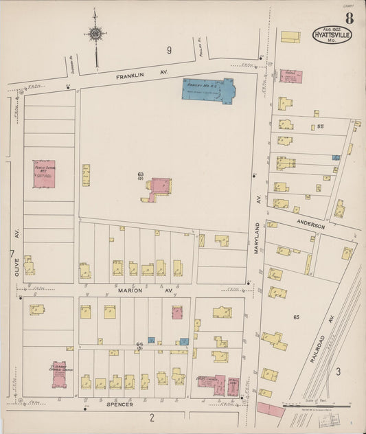 Sanborn Fire Insurance Map from Hyattsville, Prince Georges County, Maryland (1922), Sheet #0008 - Historic Sanborn Fire Insurance Map Print, vintage old map wall art, antique decor, genealogy gift, Maryland Maryland map