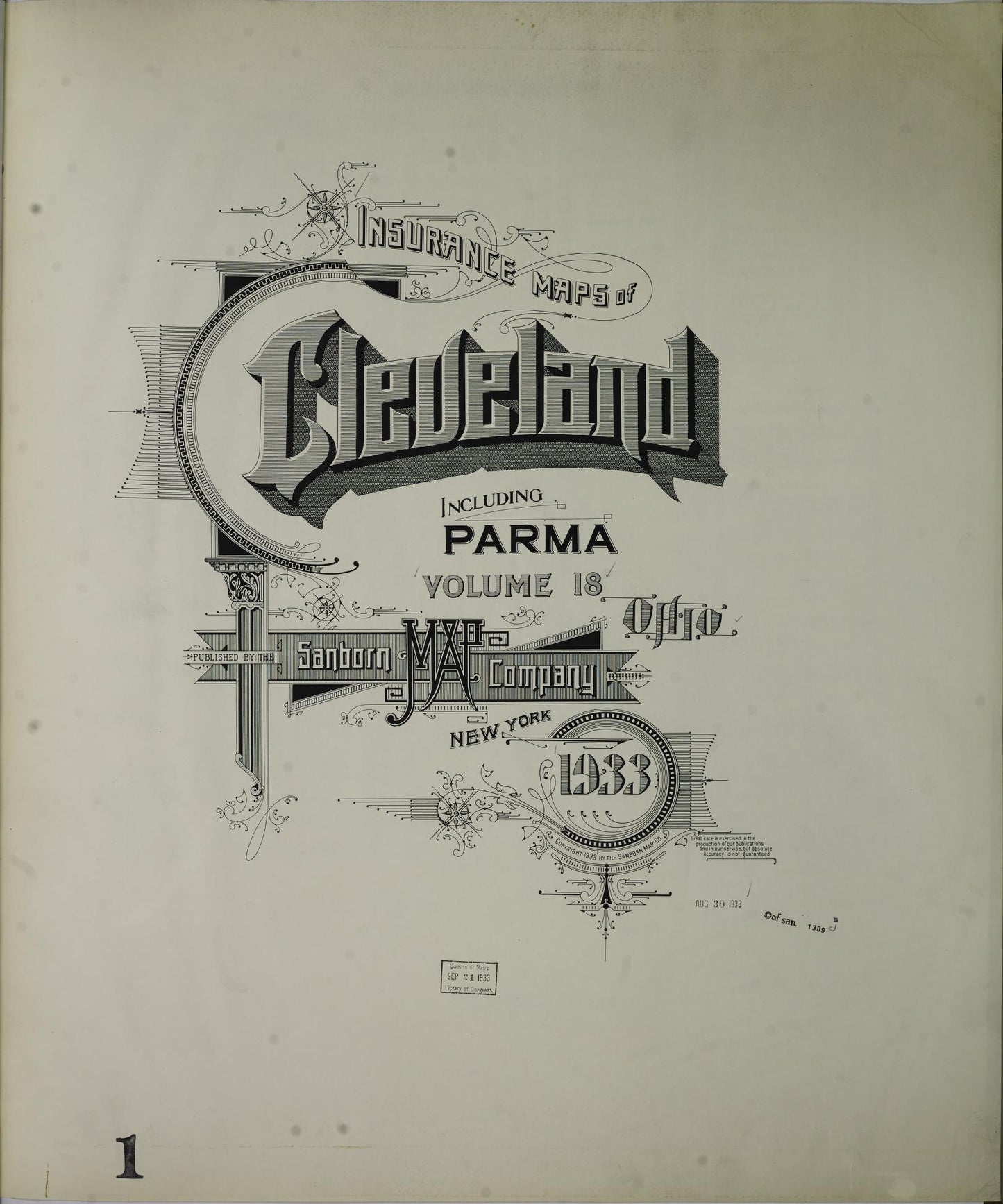 Sanborn Fire Insurance Map from Cleveland, Cuyahoga County, Ohio (1933), Sheet #0001 - Historic Sanborn Fire Insurance Map Print, vintage old map wall art, antique decor, genealogy gift, Ohio Ohio map