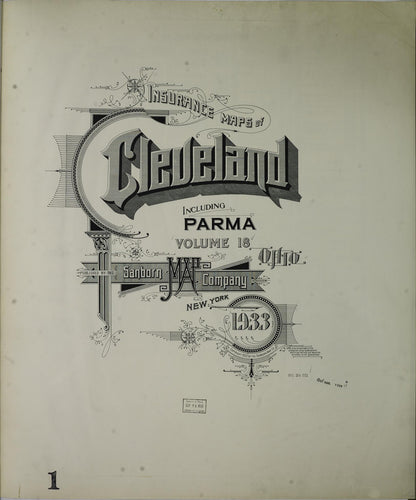 Sanborn Fire Insurance Map from Cleveland, Cuyahoga County, Ohio (1933), Sheet #0001 - Historic Sanborn Fire Insurance Map Print, vintage old map wall art, antique decor, genealogy gift, Ohio Ohio map