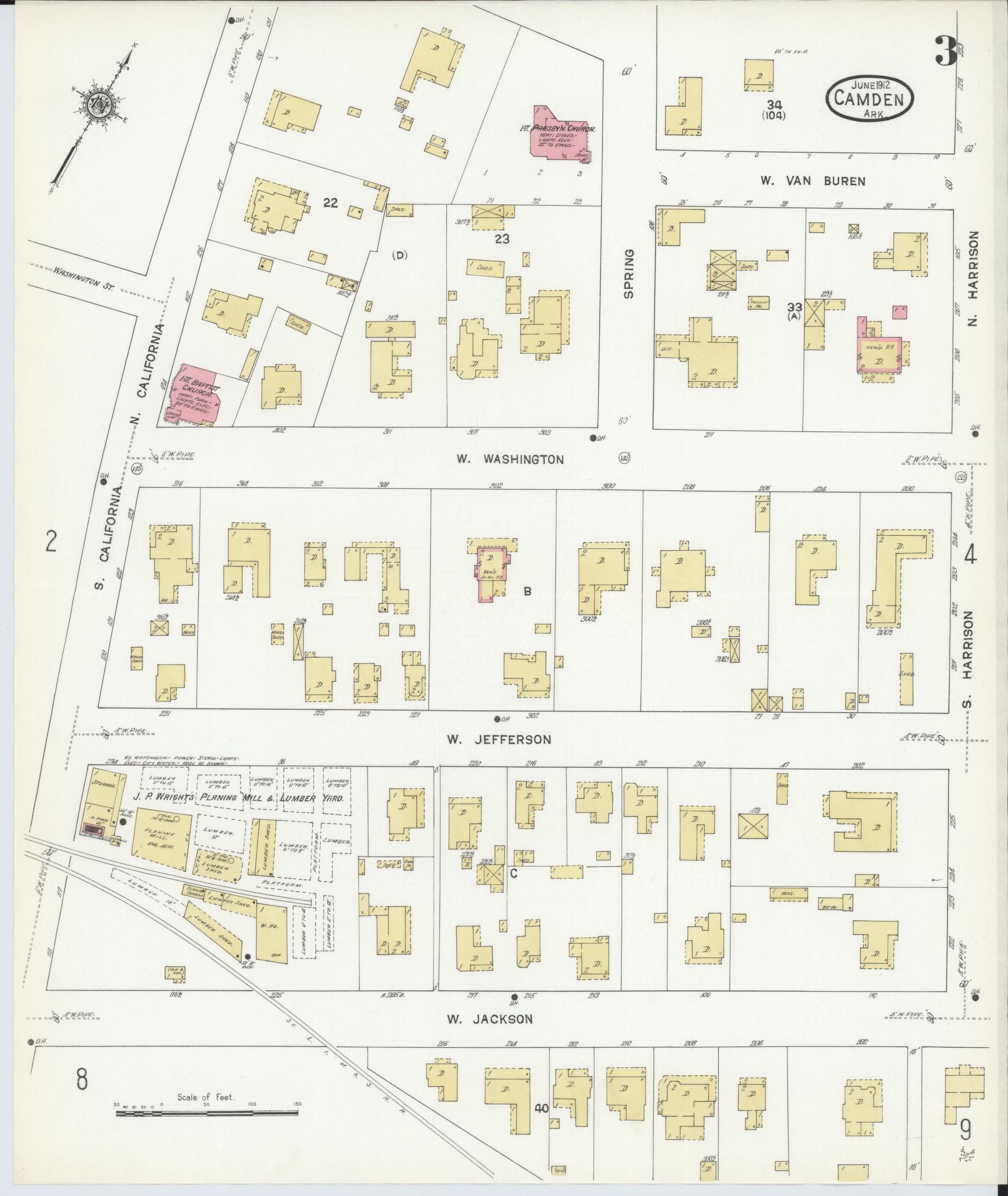 Sanborn Fire Insurance Map from Camden, Ouachita County, Arkansas (1912), Sheet #0003 - Historic Sanborn Fire Insurance Map Print, vintage old map wall art, antique decor, genealogy gift, Arkansas Arkansas map