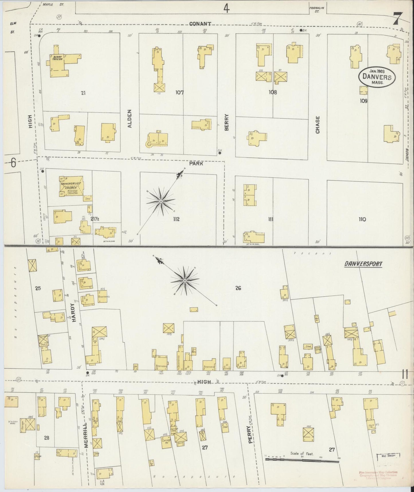 Sanborn Fire Insurance Map from Danvers, Essex County, Massachusetts (1903), Sheet #0007 - Complete Map Set gallery image, historic Sanborn map, vintage wall art, Massachusetts Massachusetts