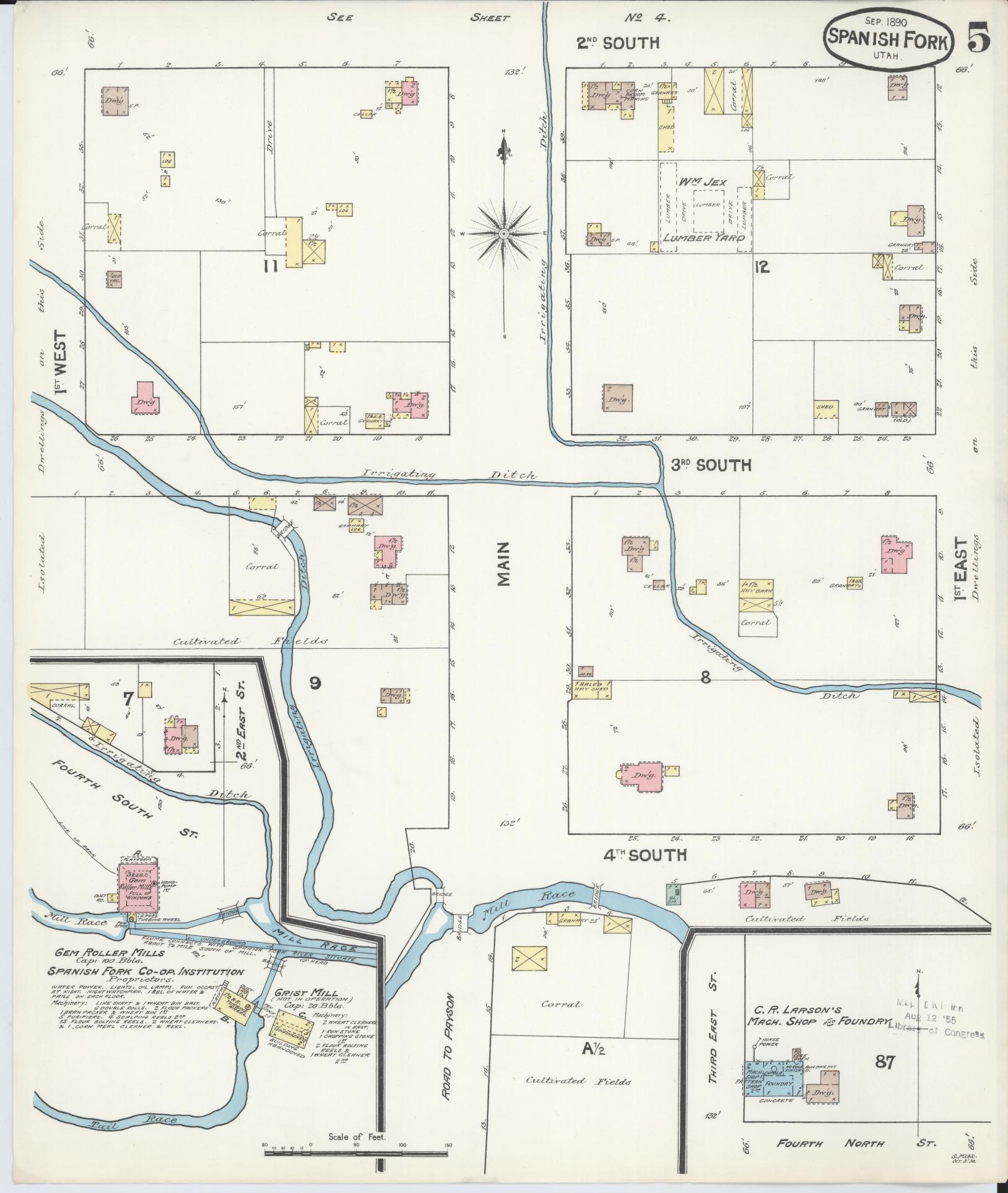 Sanborn Fire Insurance Map from Spanish Fork, Utah County, Utah (1890), Sheet #0005 - Historic Sanborn Fire Insurance Map Print, vintage old map wall art, antique decor, genealogy gift, Spanish Fork Utah map