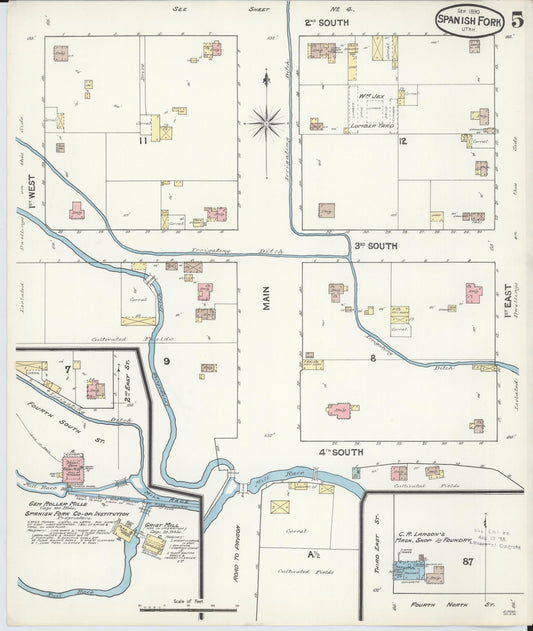 Sanborn Fire Insurance Map from Spanish Fork, Utah County, Utah (1890), Sheet #0005 - Historic Sanborn Fire Insurance Map Print, vintage old map wall art, antique decor, genealogy gift, Spanish Fork Utah map