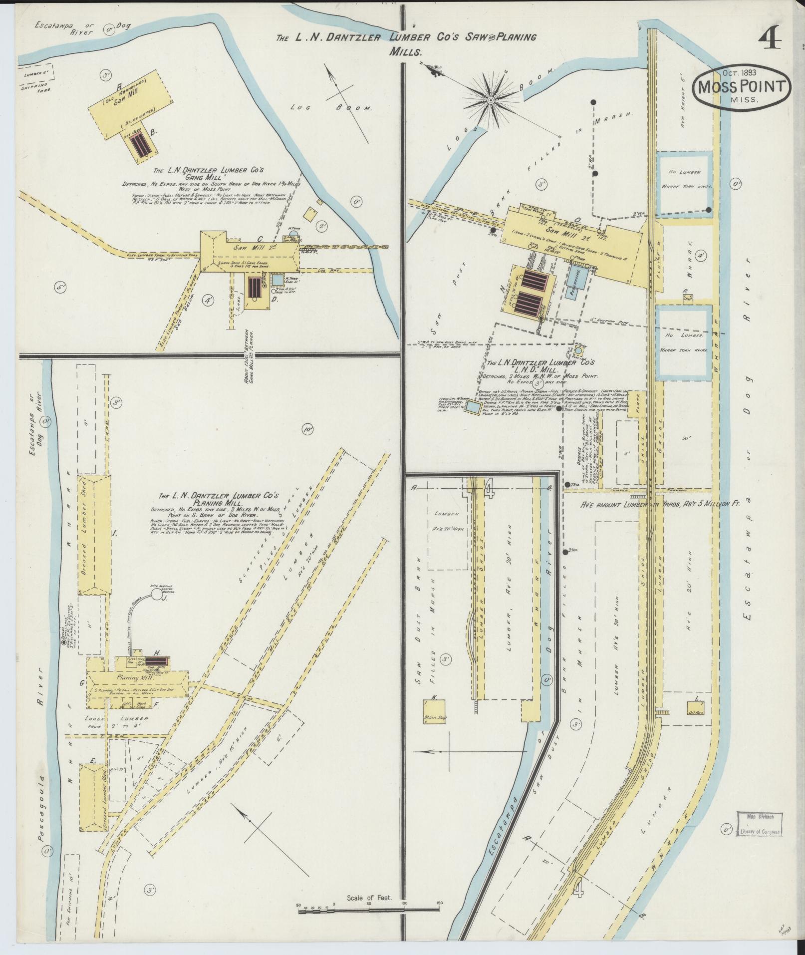 Sanborn Fire Insurance Map from Moss Point, Jackson County, Mississippi (1893), Sheet #0004 - Complete Map Set gallery image, historic Sanborn map, vintage wall art, Mississippi Mississippi