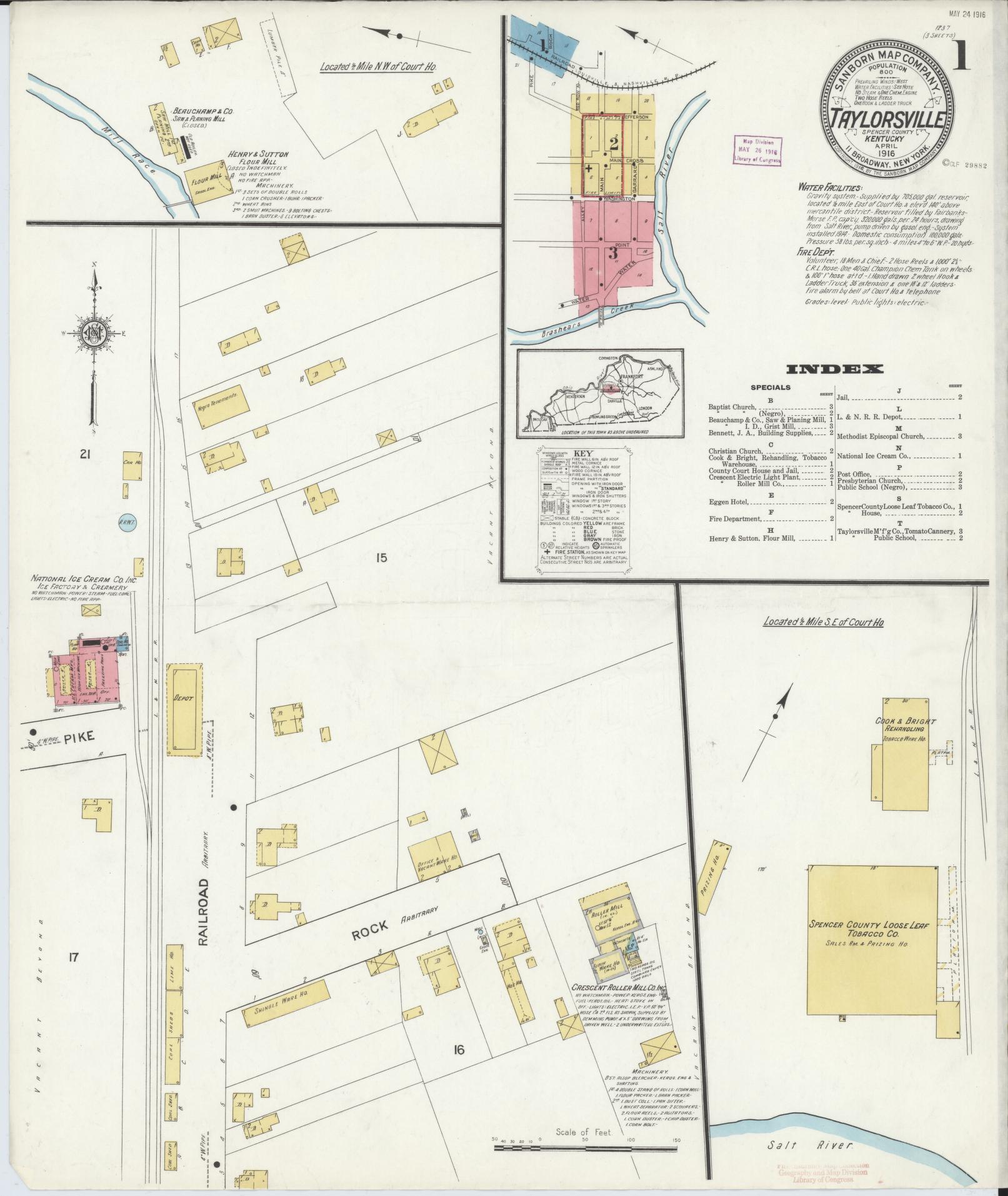 Sanborn Fire Insurance Map from Taylorsville, Spencer County, Kentucky (1916), Sheet #0001 - Historic Sanborn Fire Insurance Map Print, vintage old map wall art, antique decor, genealogy gift, Kentucky Kentucky map