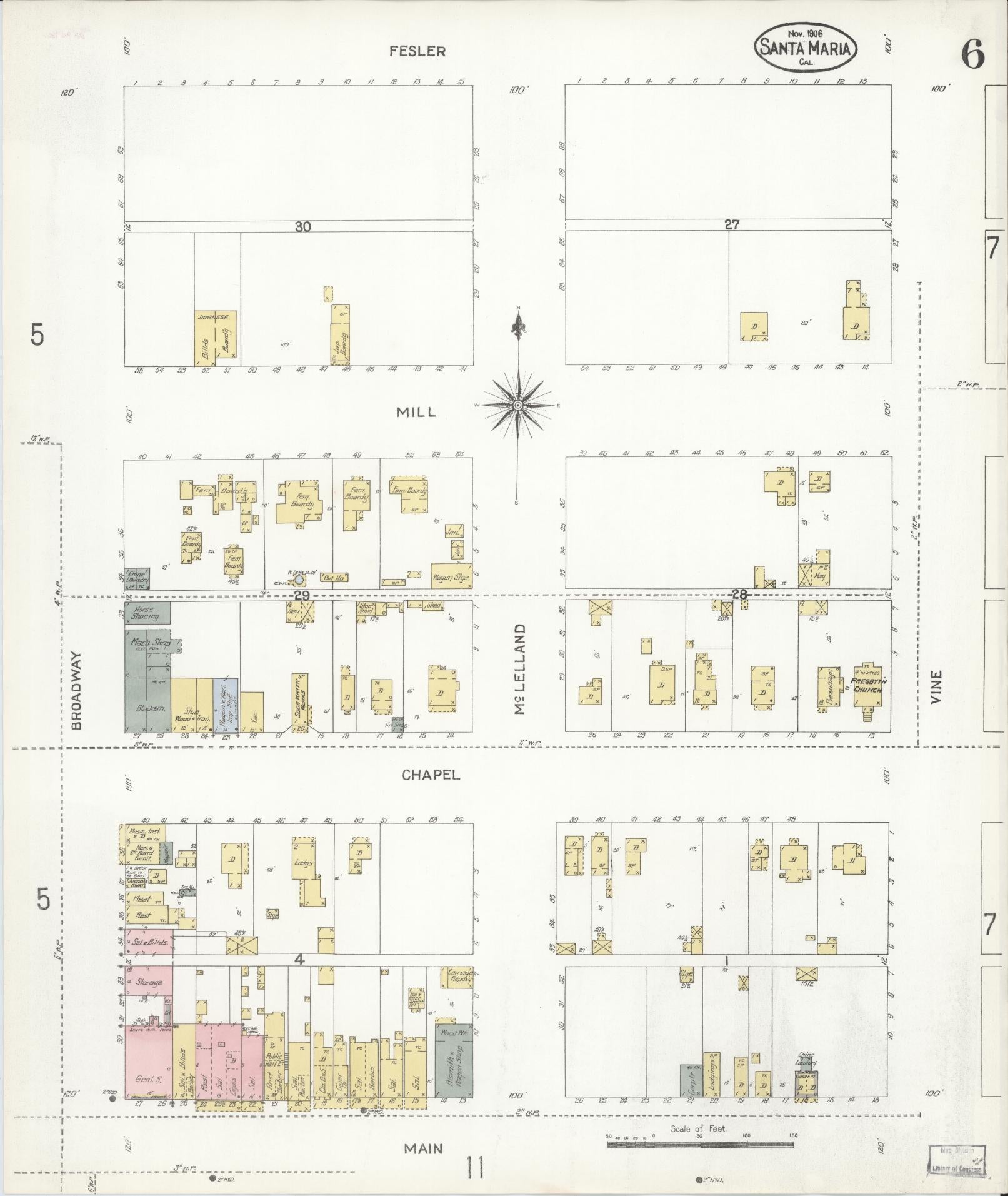 Sanborn Fire Insurance Map from Santa Maria, Santa Barbara County, California (1906), Sheet #0006 - Complete Map Set gallery image, historic Sanborn map, vintage wall art, California California
