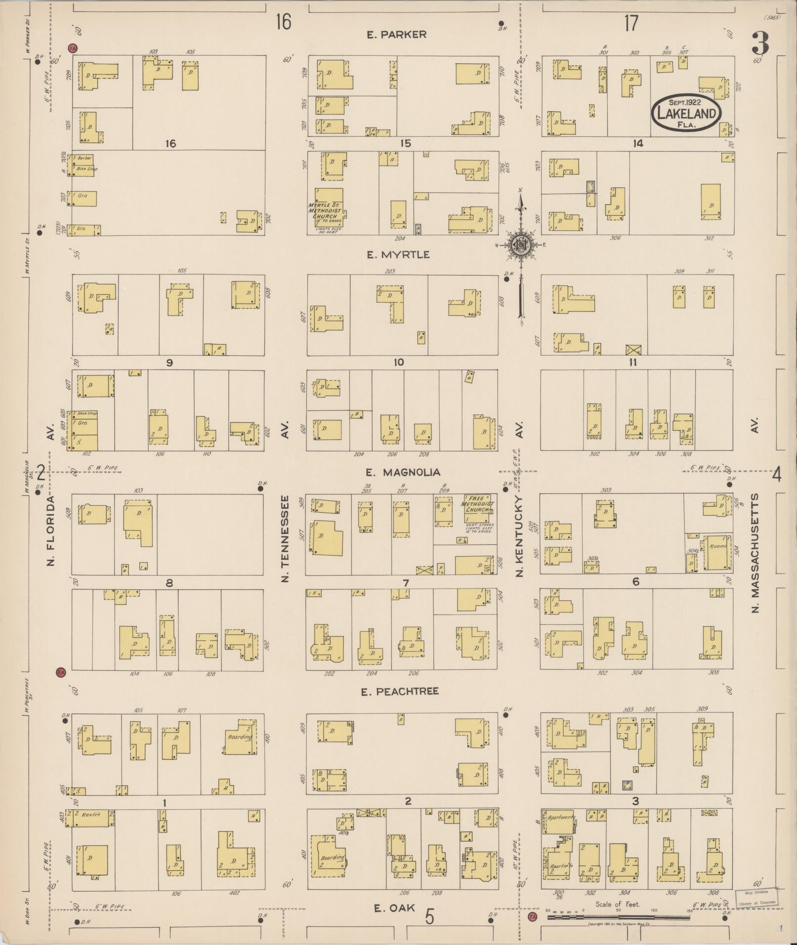 Sanborn Fire Insurance Map from Lakeland, Polk County, Florida (1922), Sheet #0003 - Complete Map Set gallery image, historic Sanborn map, vintage wall art, Florida Florida
