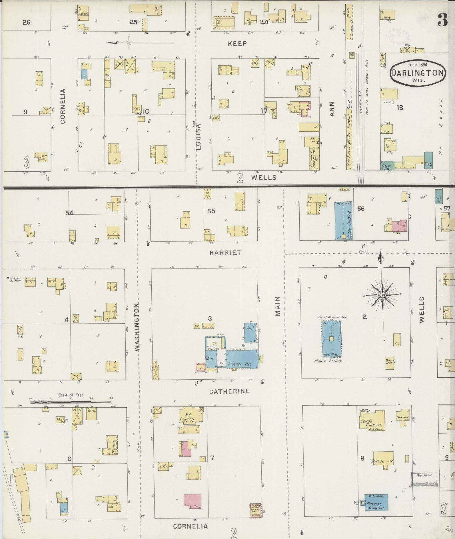 Sanborn Fire Insurance Map from Darlington, Lafayette County, Wisconsin (1894), Sheet #0003 - Complete Map Set gallery image, historic Sanborn map, vintage wall art, Wisconsin Wisconsin