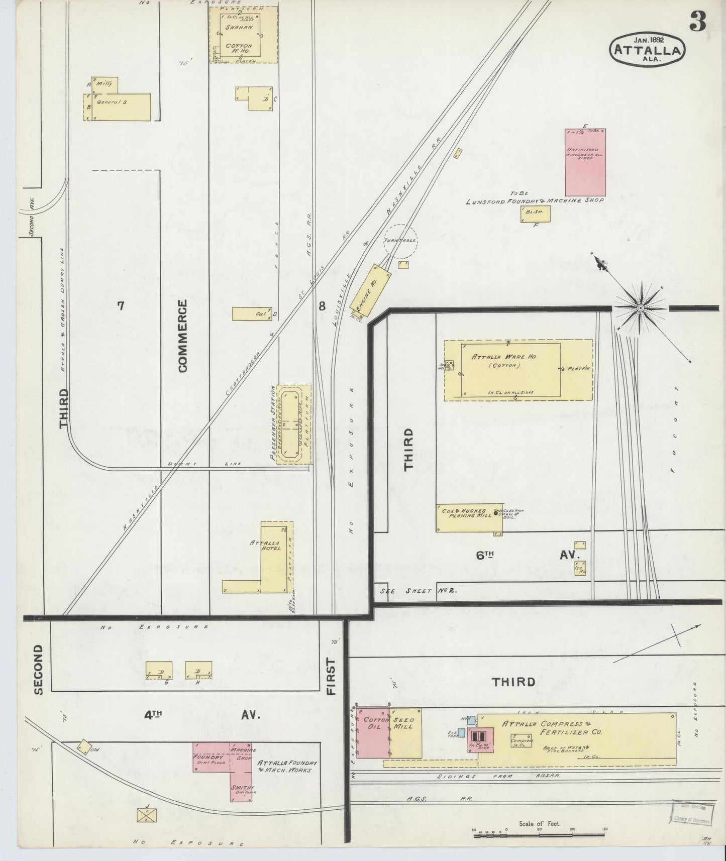 Sanborn Fire Insurance Map from Attalla, Etowah County, Alabama (1892), Sheet #0003 - Historic Sanborn Fire Insurance Map Print, vintage old map wall art, antique decor, genealogy gift, Alabama Alabama map