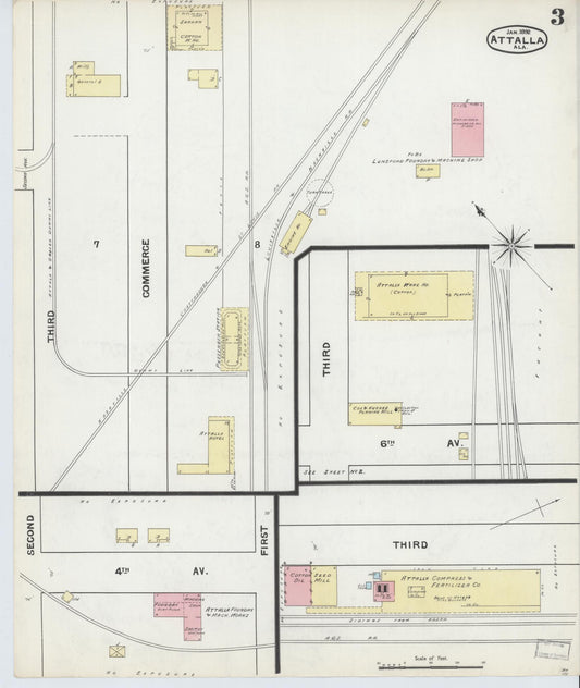 Sanborn Fire Insurance Map from Attalla, Etowah County, Alabama (1892), Sheet #0003 - Historic Sanborn Fire Insurance Map Print, vintage old map wall art, antique decor, genealogy gift, Alabama Alabama map