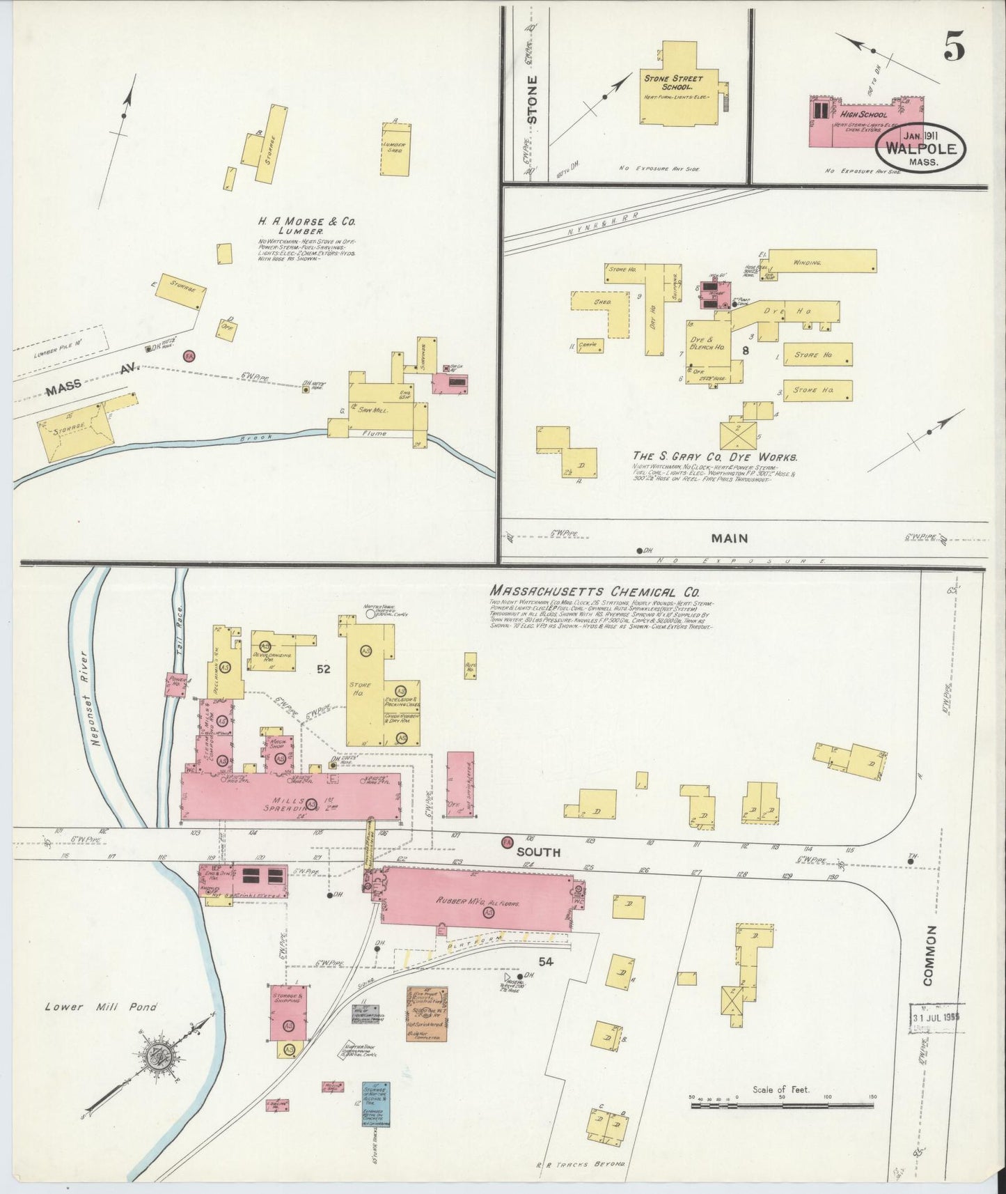 Sanborn Fire Insurance Map from Walpole, Norfolk County, Massachusetts (1911), Sheet #0005 - Historic Sanborn Fire Insurance Map Print, vintage old map wall art, antique decor, genealogy gift, Massachusetts Massachusetts map