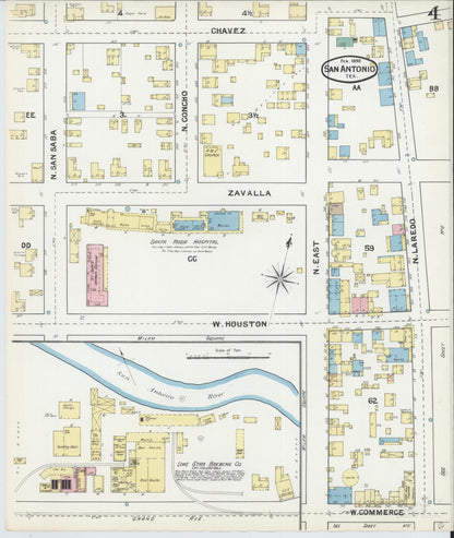 Sanborn Fire Insurance Map from San Antonio, Bexar County, Texas (1892), Sheet #0004 - Historic Sanborn Fire Insurance Map Print, vintage old map wall art, antique decor, genealogy gift, Texas Texas map