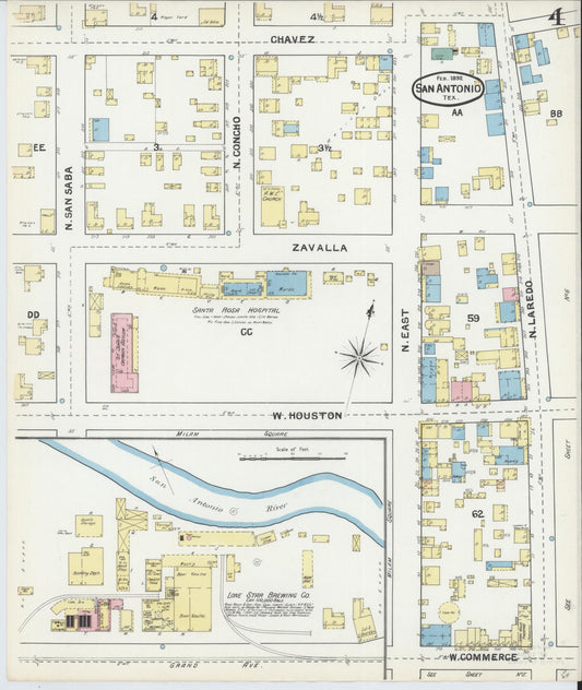 Sanborn Fire Insurance Map from San Antonio, Bexar County, Texas (1892), Sheet #0004 - Historic Sanborn Fire Insurance Map Print, vintage old map wall art, antique decor, genealogy gift, Texas Texas map