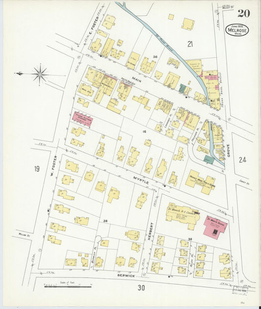 Sanborn Fire Insurance Map from Melrose, Middlesex County, Massachusetts (1909), Sheet #0020 - Historic Sanborn Fire Insurance Map Print, vintage old map wall art, antique decor, genealogy gift, Massachusetts Massachusetts map