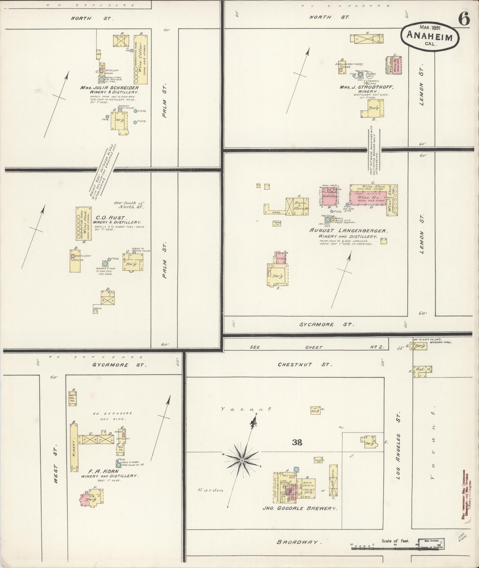 Sanborn Fire Insurance Map from Anaheim, Orange County, California (1891), Sheet #0006 - Historic Sanborn Fire Insurance Map Print, vintage old map wall art, antique decor, genealogy gift, California California map