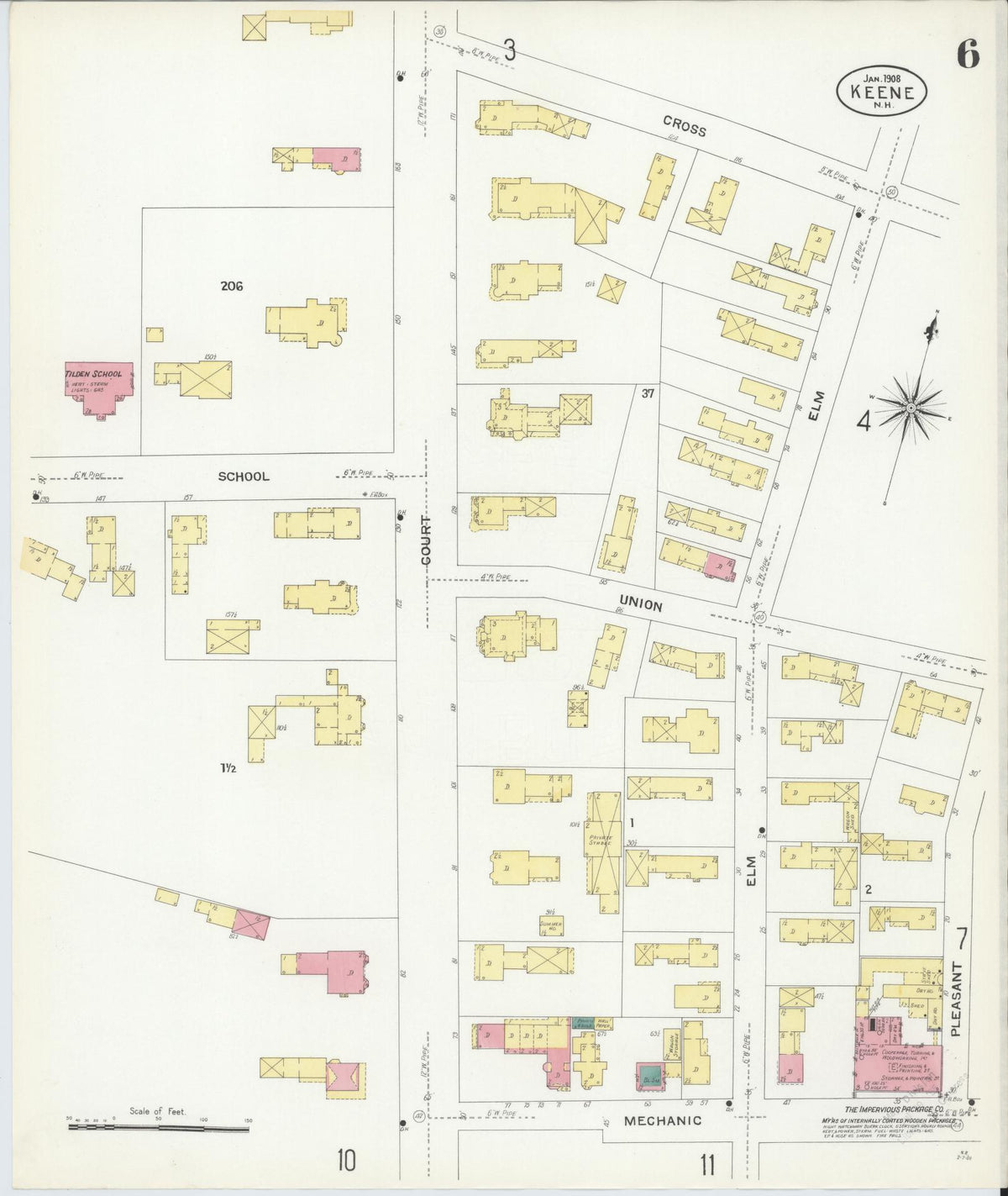 Sanborn Fire Insurance Map from Keene, Cheshire County, New Hampshire (1908), Sheet #0006 - Historic Sanborn Fire Insurance Map Print, vintage old map wall art, antique decor, genealogy gift, New Hampshire New Hampshire map