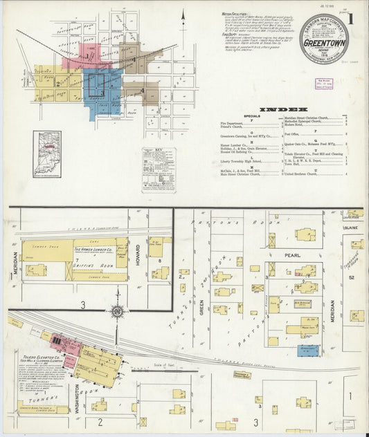 Sanborn Fire Insurance Map from Greentown, Howard County, Indiana (1916), Sheet #0001 - Historic Sanborn Fire Insurance Map Print, vintage old map wall art, antique decor, genealogy gift, Indiana Indiana map