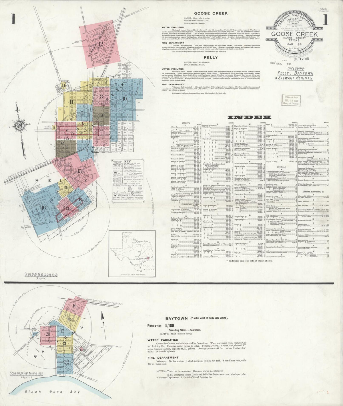 Sanborn Fire Insurance Map from Goose Creek, Harris County, Texas (1931), Sheet #0001 - Historic Sanborn Fire Insurance Map Print, vintage old map wall art, antique decor, genealogy gift, Texas Texas map