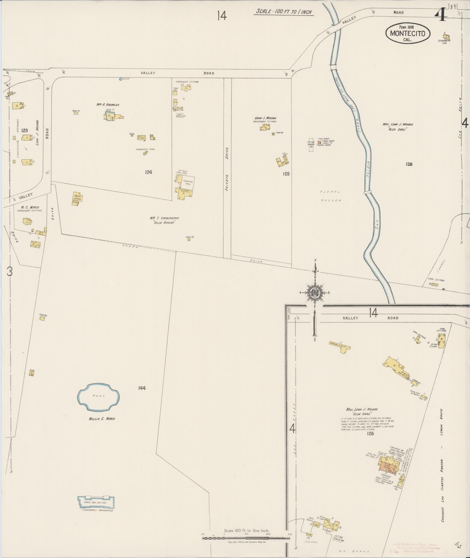 Sanborn Fire Insurance Map from Montecito, Santa Barbara County, California (1918), Sheet #0004 - Historic Sanborn Fire Insurance Map Print, vintage old map wall art, antique decor, genealogy gift, California California map