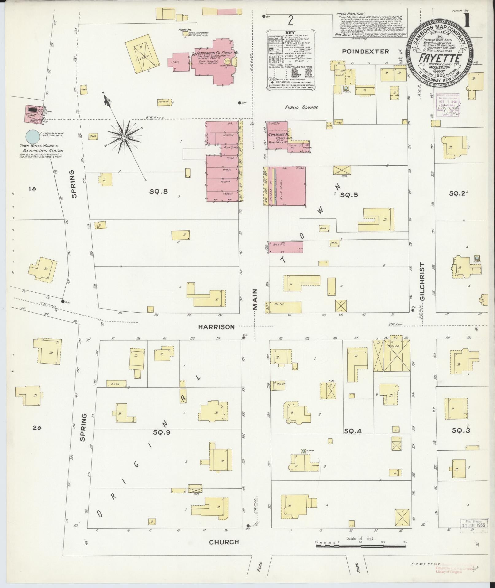 Sanborn Fire Insurance Map from Fayette, Jefferson County, Mississippi (1908), Sheet #0001 - Historic Sanborn Fire Insurance Map Print, vintage old map wall art, antique decor, genealogy gift, Mississippi Mississippi map