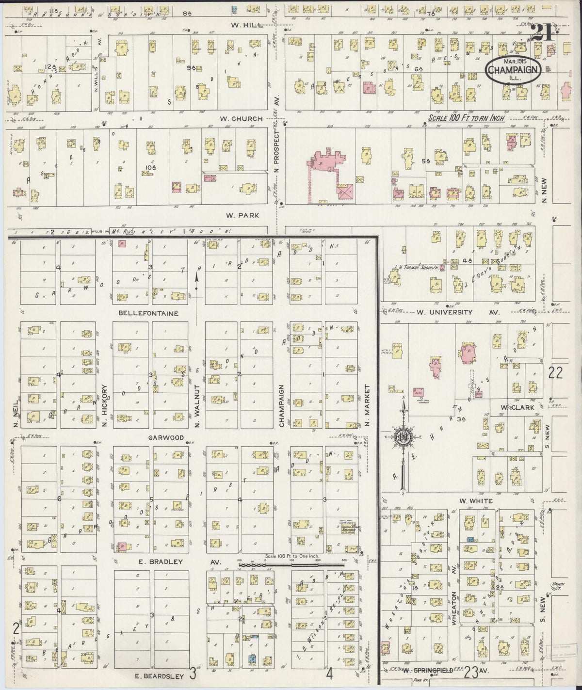 Sanborn Fire Insurance Map from Champaign, Champaign County, Illinois (1915), Sheet #0021 - Complete Map Set gallery image, historic Sanborn map, vintage wall art, Illinois Illinois