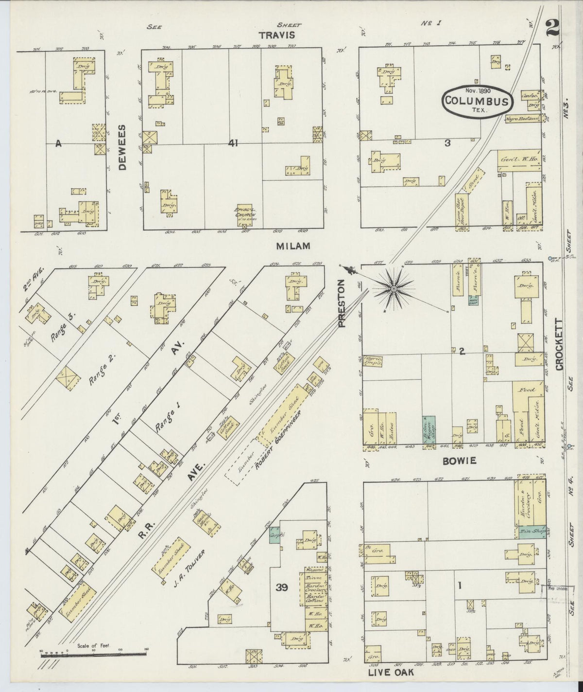 Sanborn Fire Insurance Map from Columbus, Colorado County, Texas (1890), Sheet #0002 - Complete Map Set gallery image, historic Sanborn map, vintage wall art, Texas Texas