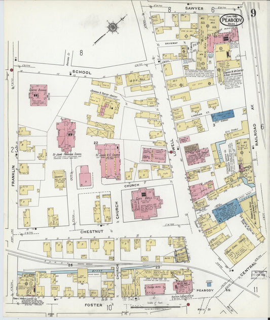 Sanborn Fire Insurance Map from Peabody, Essex County, Massachusetts (1920), Sheet #0009 - Historic Sanborn Fire Insurance Map Print, vintage old map wall art, antique decor, genealogy gift, Massachusetts Massachusetts map