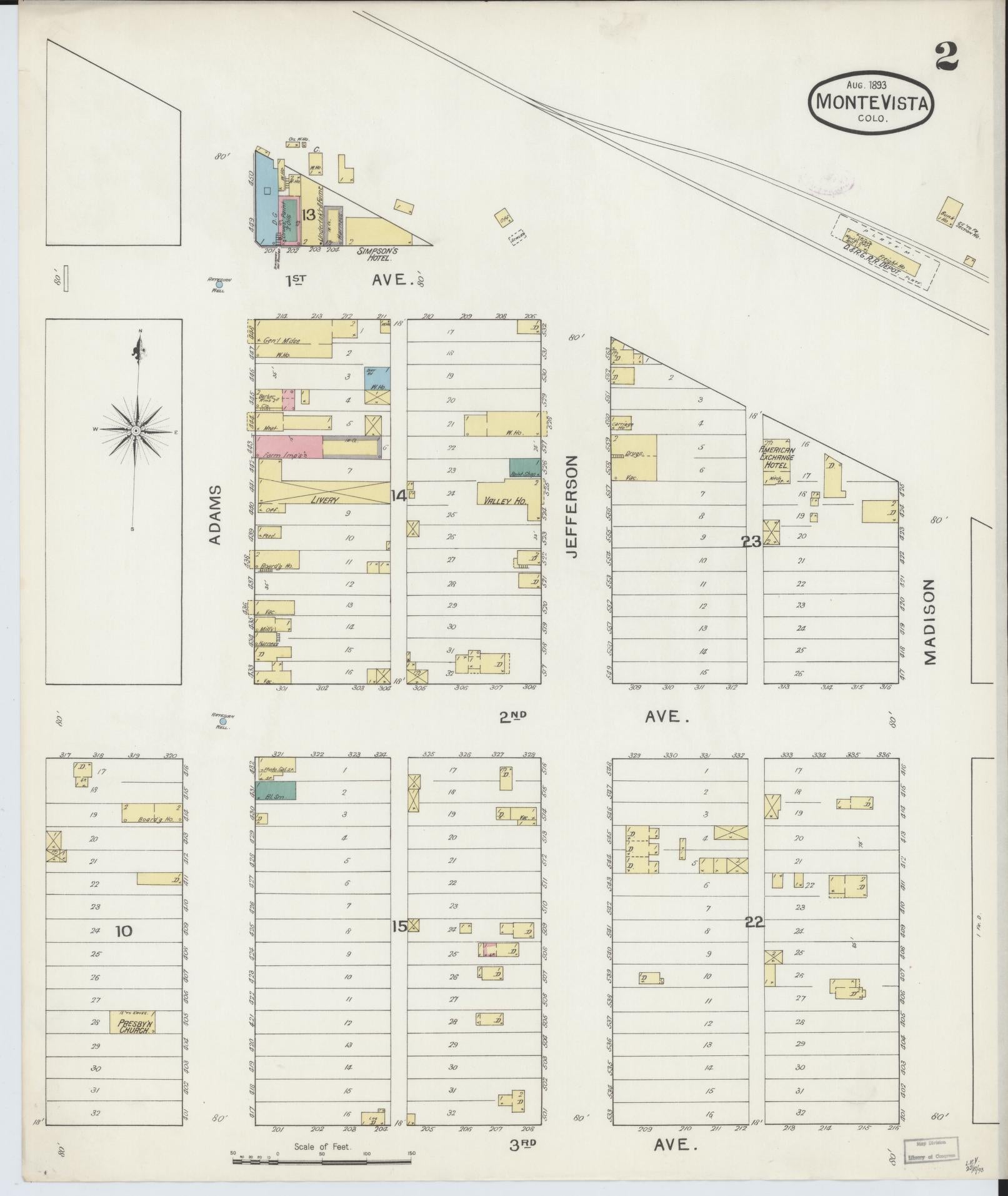 Sanborn Fire Insurance Map from Monte Vista, Rio Grande County, Colorado (1893), Sheet #0002 - Complete Map Set gallery image, historic Sanborn map, vintage wall art, Colorado Colorado