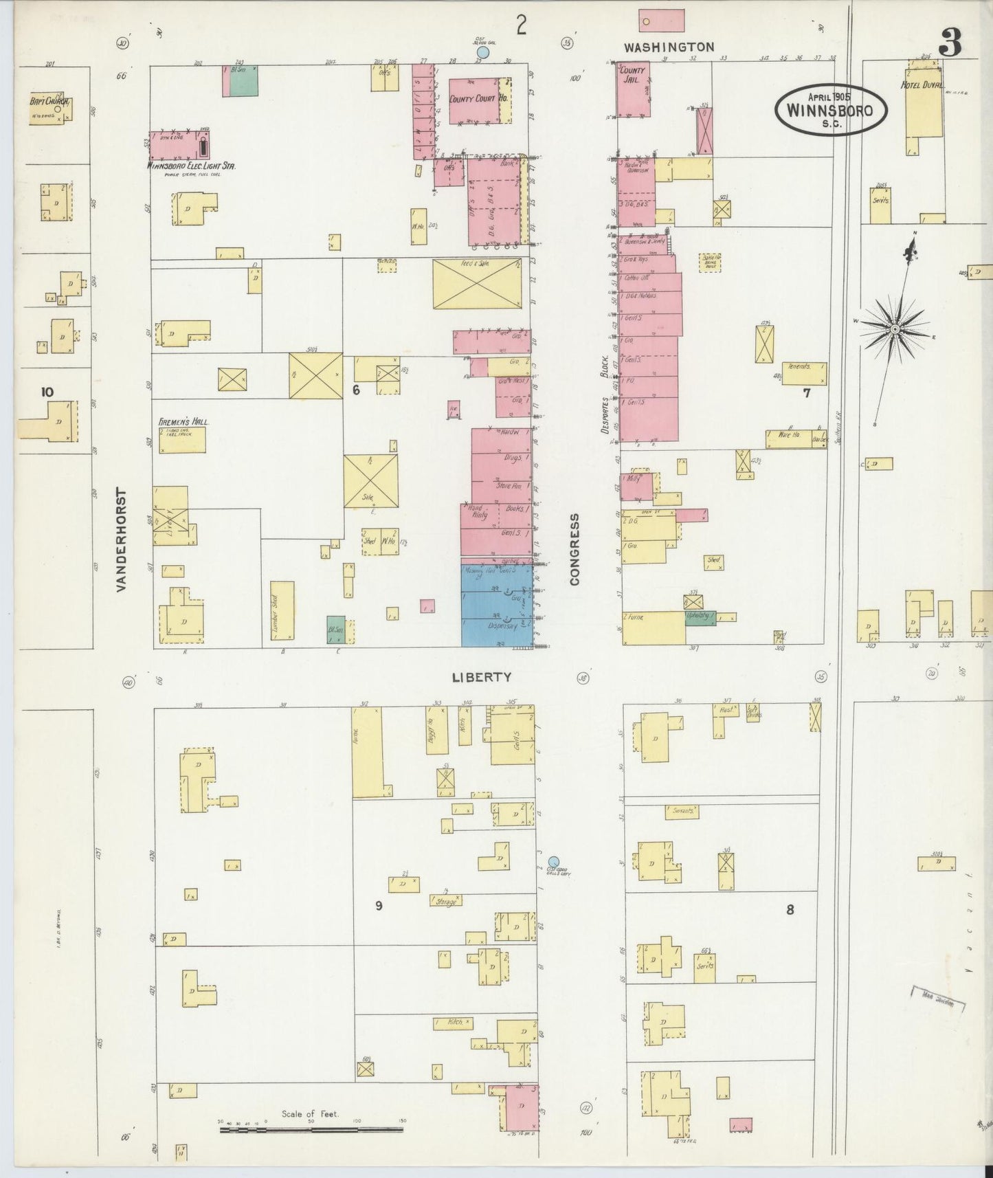 Sanborn Fire Insurance Map from Winnsboro, Fairfield County, South Carolina (1905), Sheet #0003 - Complete Map Set gallery image, historic Sanborn map, vintage wall art, South Carolina South Carolina