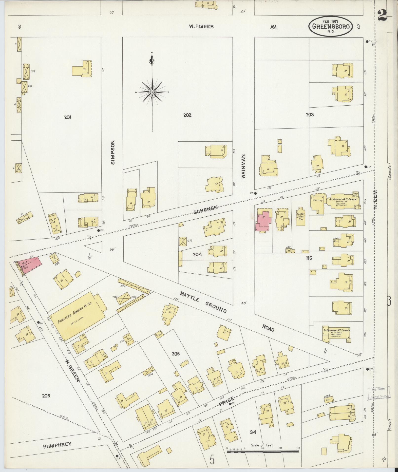 Sanborn Fire Insurance Map from Greensboro, Guilford County, North Carolina (1907), Sheet #0002 - Complete Map Set gallery image, historic Sanborn map, vintage wall art, North Carolina North Carolina