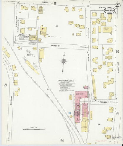 Sanborn Fire Insurance Map from Gardner, Worcester County, Massachusetts (1909), Sheet #0023 - Historic Sanborn Fire Insurance Map Print, vintage old map wall art, antique decor, genealogy gift, Massachusetts Massachusetts map