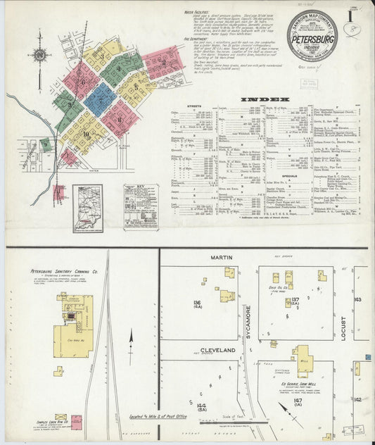 Sanborn Fire Insurance Map from Petersburg, Pike County, Indiana (1921), Sheet #0001 - Historic Sanborn Fire Insurance Map Print, vintage old map wall art, antique decor, genealogy gift, Indiana Indiana map