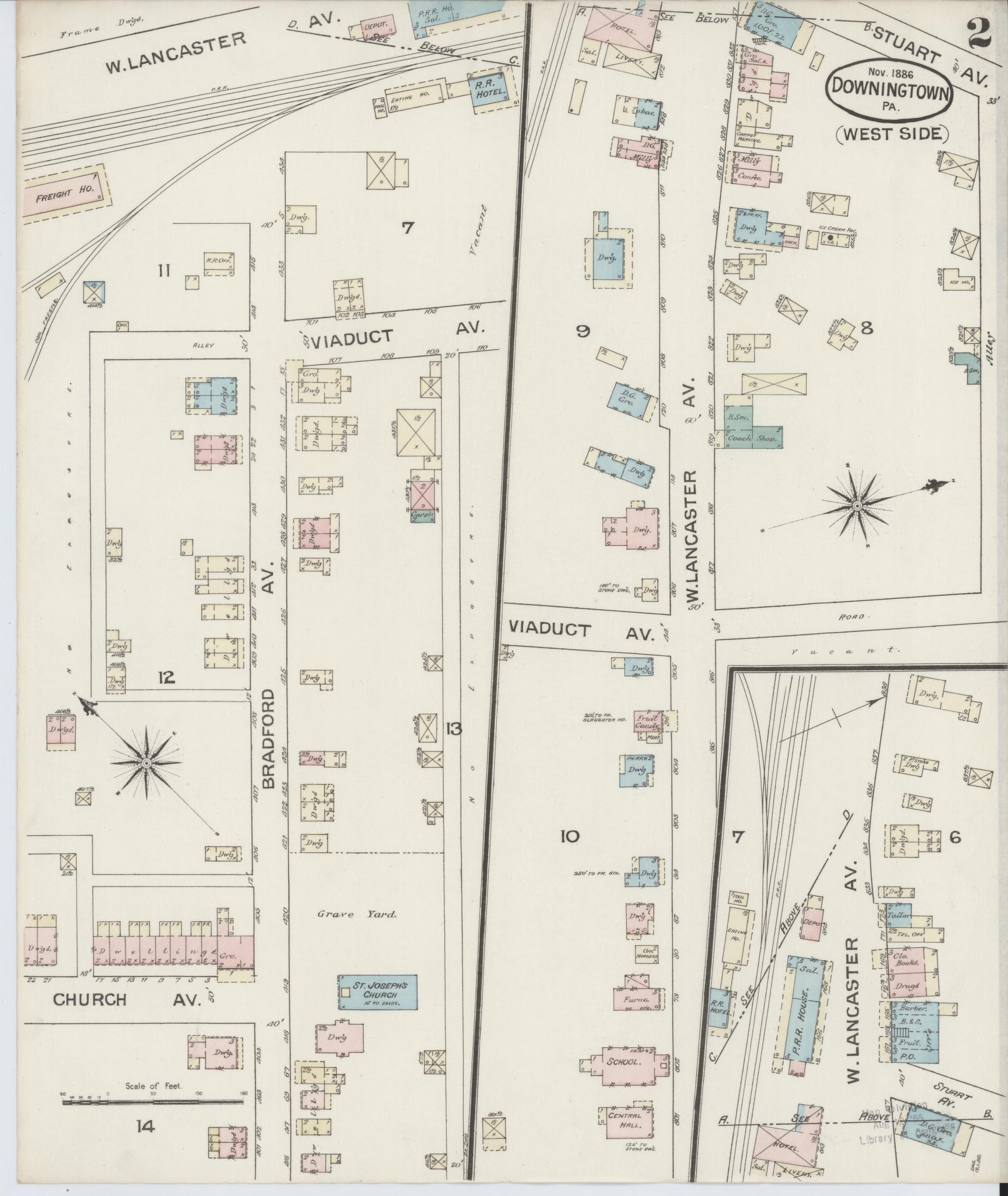 Sanborn Fire Insurance Map from Downingtown, Chester County, Pennsylvania (1886), Sheet #0002 - Historic Sanborn Fire Insurance Map Print, vintage old map wall art, antique decor, genealogy gift, Pennsylvania Pennsylvania map
