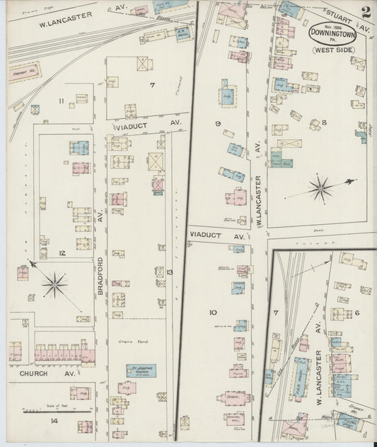 Sanborn Fire Insurance Map from Downingtown, Chester County, Pennsylvania (1886), Sheet #0002 - Historic Sanborn Fire Insurance Map Print, vintage old map wall art, antique decor, genealogy gift, Pennsylvania Pennsylvania map