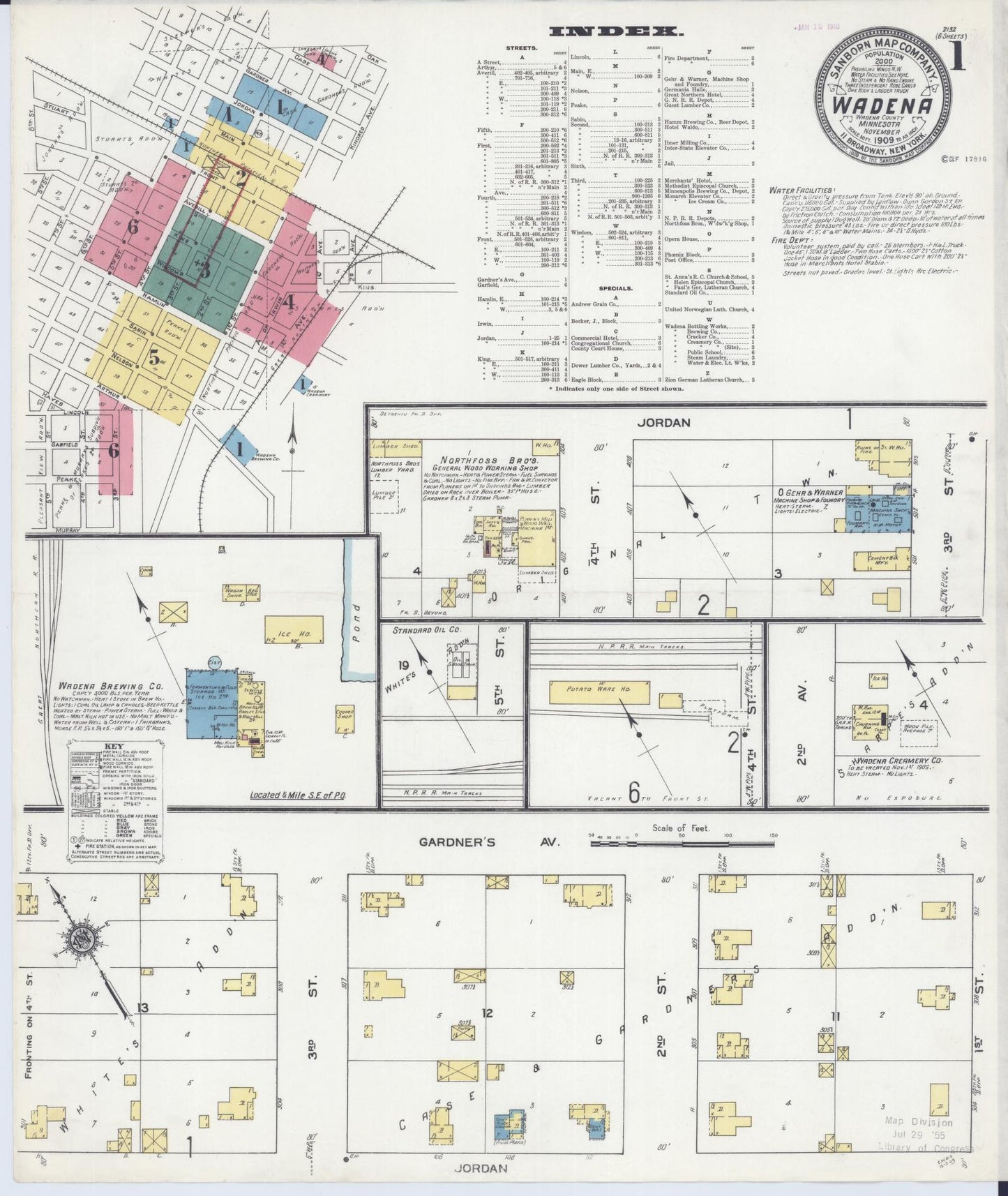 Sanborn Fire Insurance Map from Wadena, Wadena County, Minnesota (1909), Sheet #0001 - Complete Map Set gallery image, historic Sanborn map, vintage wall art, Minnesota Minnesota