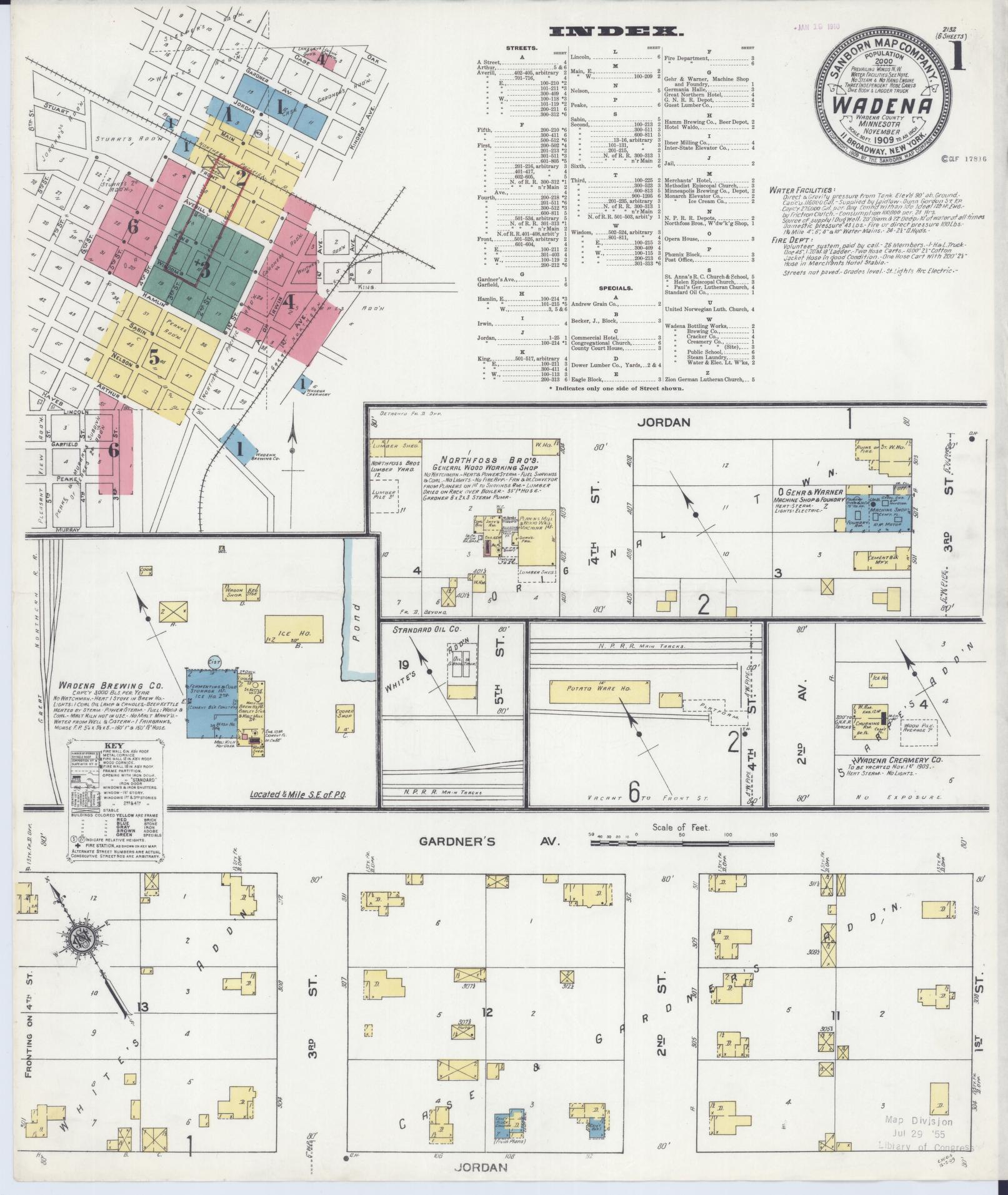 Sanborn Fire Insurance Map from Wadena, Wadena County, Minnesota (1909), Sheet #0001 - Complete Map Set gallery image, historic Sanborn map, vintage wall art, Minnesota Minnesota