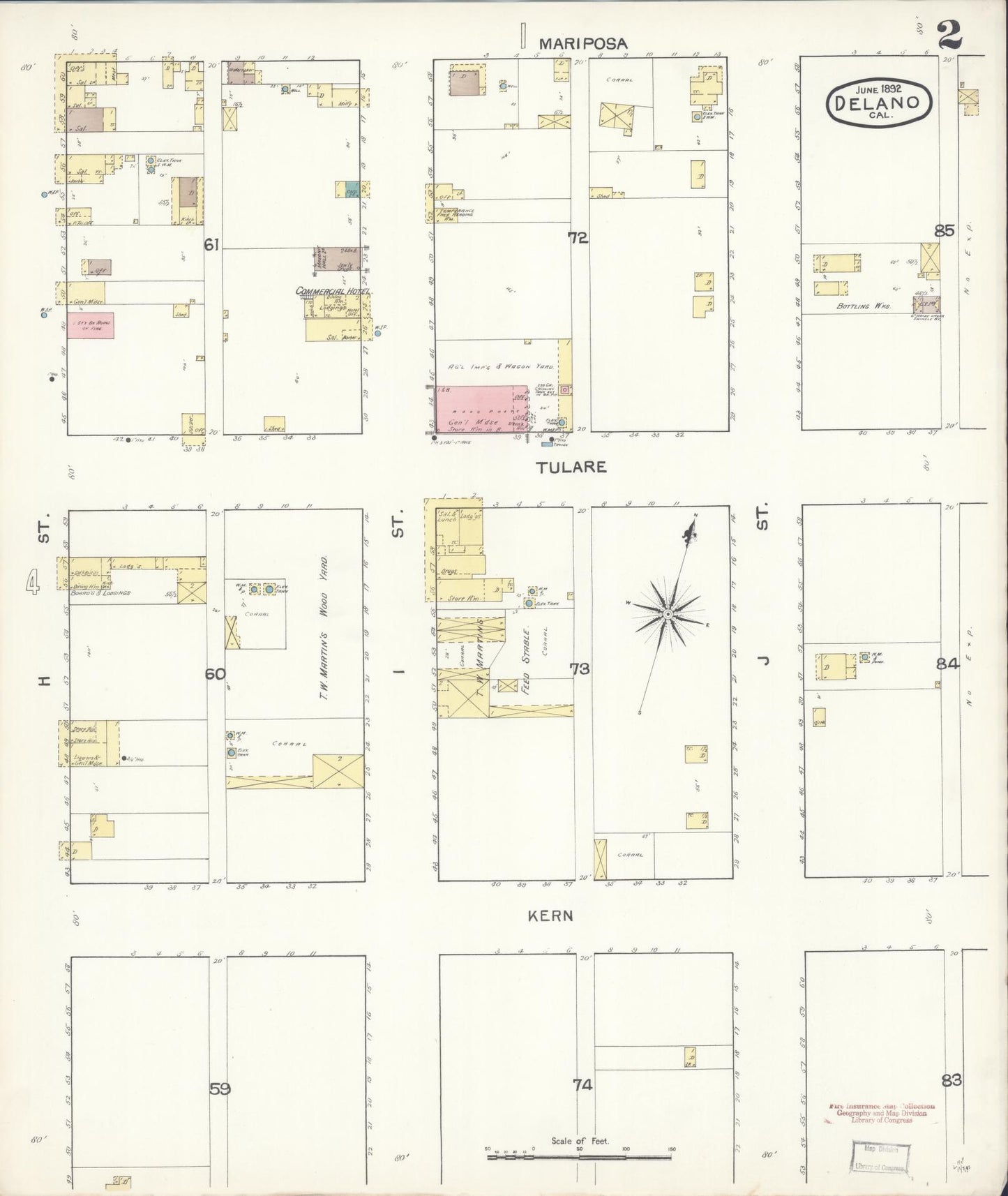 Sanborn Fire Insurance Map from Delano, Kern County, California (1892), Sheet #0002 - Historic Sanborn Fire Insurance Map Print, vintage old map wall art, antique decor, genealogy gift, California California map