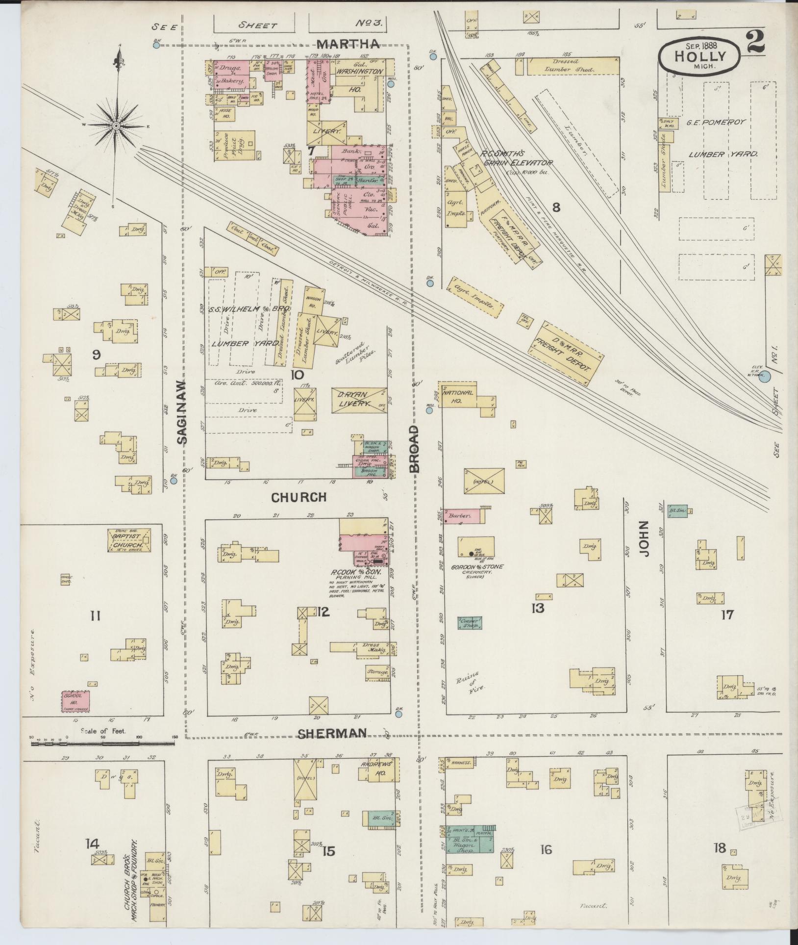 Sanborn Fire Insurance Map from Holly, Oakland County, Michigan (1888), Sheet #0002 - Complete Map Set gallery image, historic Sanborn map, vintage wall art, Michigan Michigan