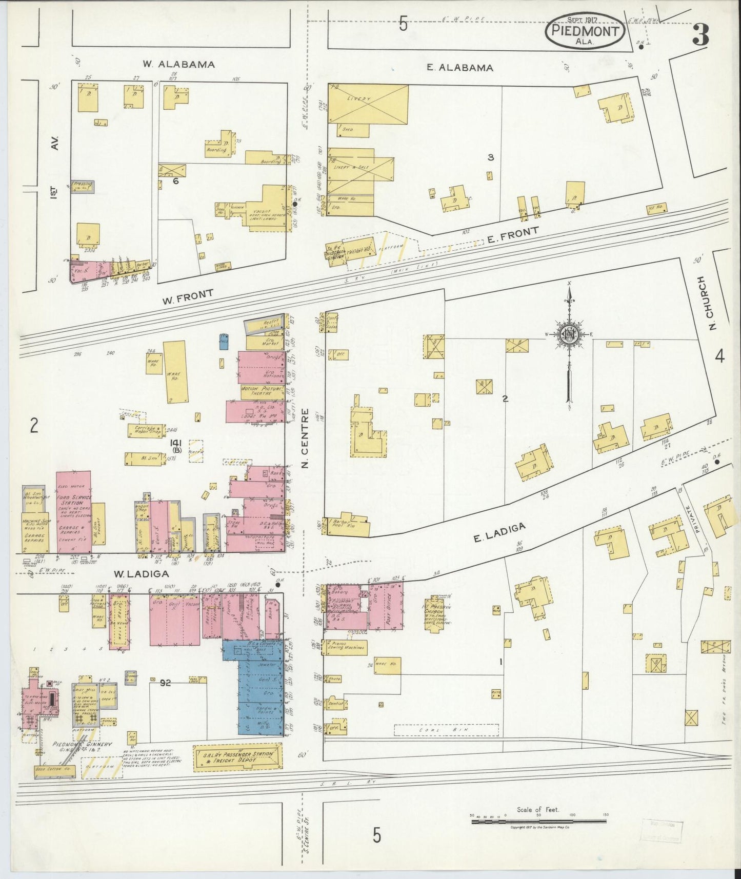 Sanborn Fire Insurance Map from Piedmont, Calhoun County, Alabama (1917), Sheet #0003 - Complete Map Set gallery image, historic Sanborn map, vintage wall art, Alabama Alabama