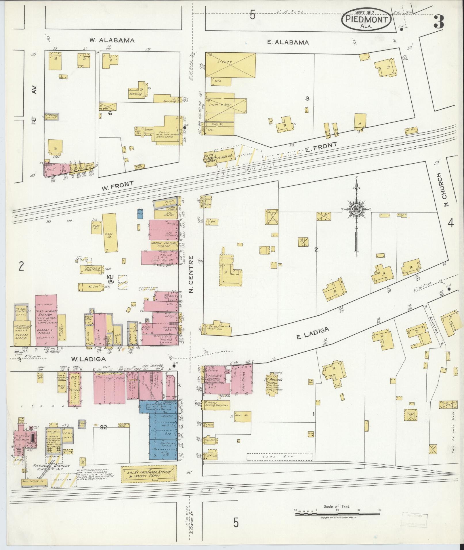 Sanborn Fire Insurance Map from Piedmont, Calhoun County, Alabama (1917), Sheet #0003 - Complete Map Set gallery image, historic Sanborn map, vintage wall art, Alabama Alabama