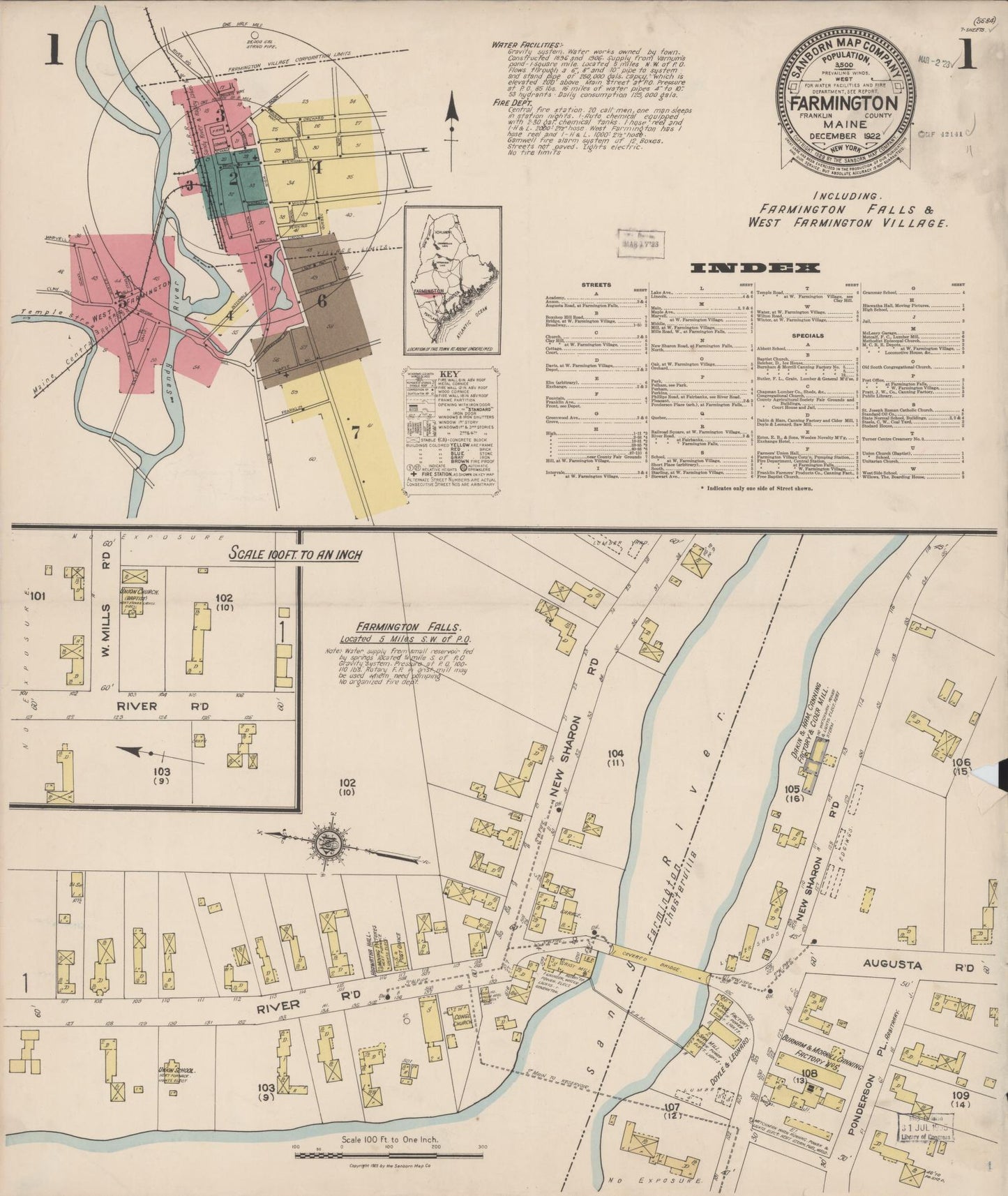 Sanborn Fire Insurance Map from Farmington, Franklin County, Maine (1922), Sheet #0001 - Complete Map Set gallery image, historic Sanborn map, vintage wall art, Maine Maine