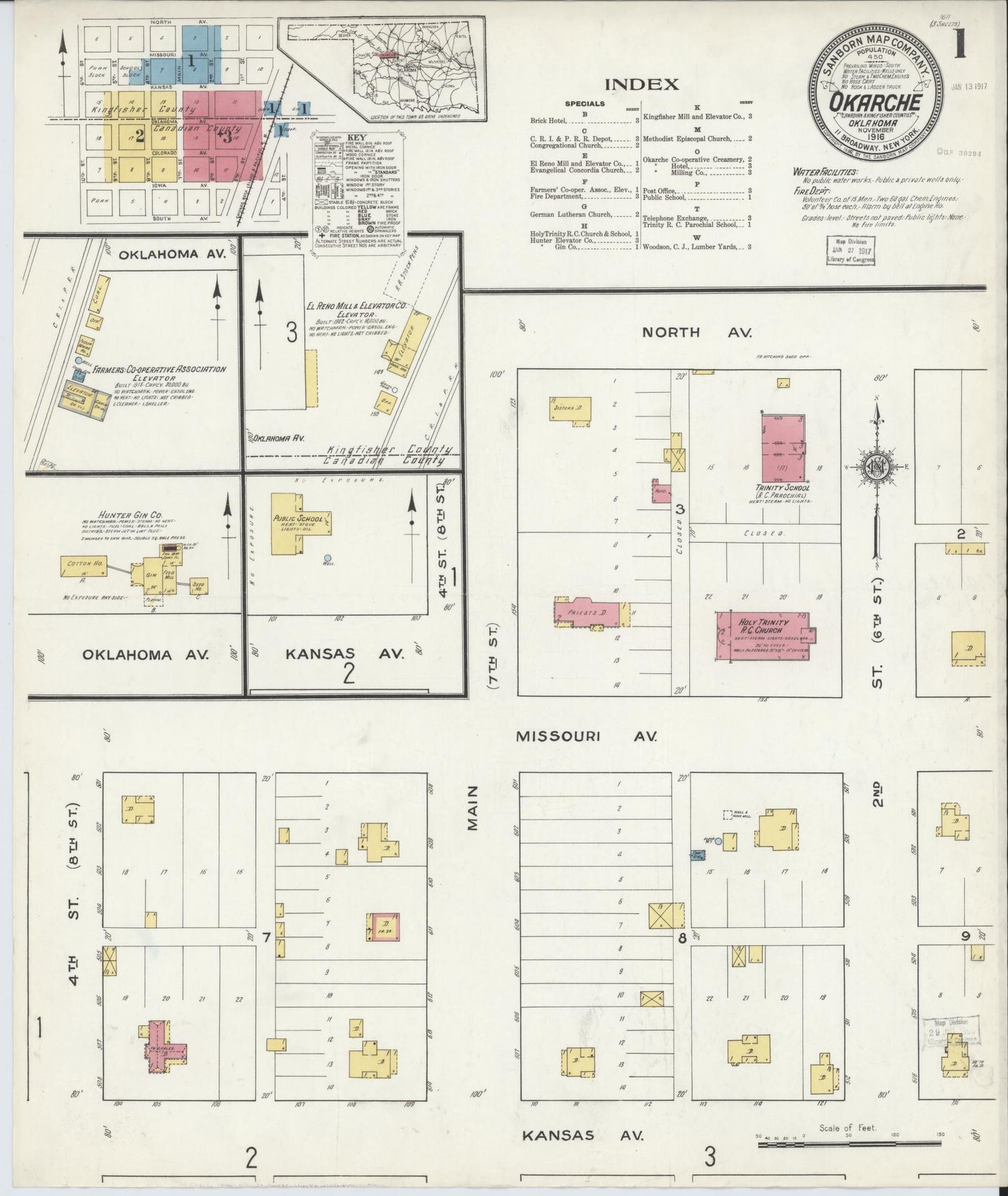 Sanborn Fire Insurance Map from Okarche, Kingfisher and Canadian Counties, Oklahoma (1916), Sheet #0001 - Complete Map Set gallery image, historic Sanborn map, vintage wall art, Oklahoma Oklahoma