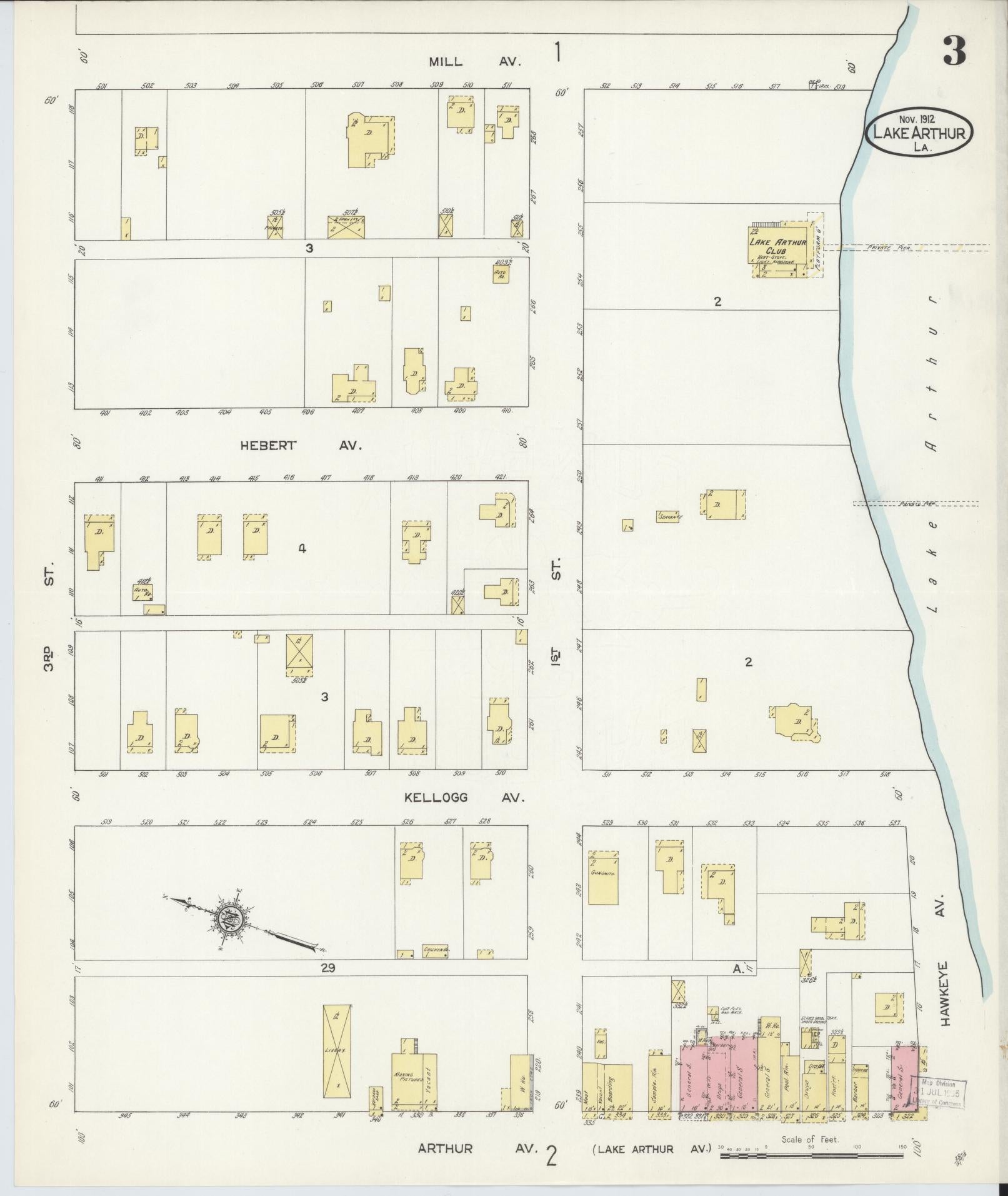 Sanborn Fire Insurance Map from Lake Arthur, Jefferson Davis Parish, Louisiana (1912), Sheet #0003 - Historic Sanborn Fire Insurance Map Print, vintage old map wall art, antique decor, genealogy gift, Louisiana Louisiana map