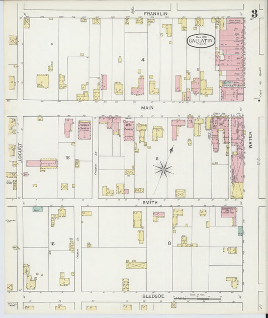 Sanborn Fire Insurance Map from Gallatin, Sumner County, Tennessee (1893), Sheet #0003 - Historic Sanborn Fire Insurance Map Print, vintage old map wall art, antique decor, genealogy gift, Tennessee Tennessee map